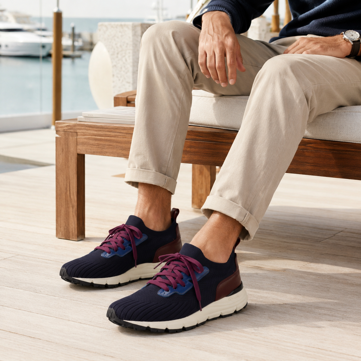 A man seated on a wooden bench wearing dark navy knit sneakers with purple laces and blue accents, paired with beige pants in an outdoor patio setting near water.