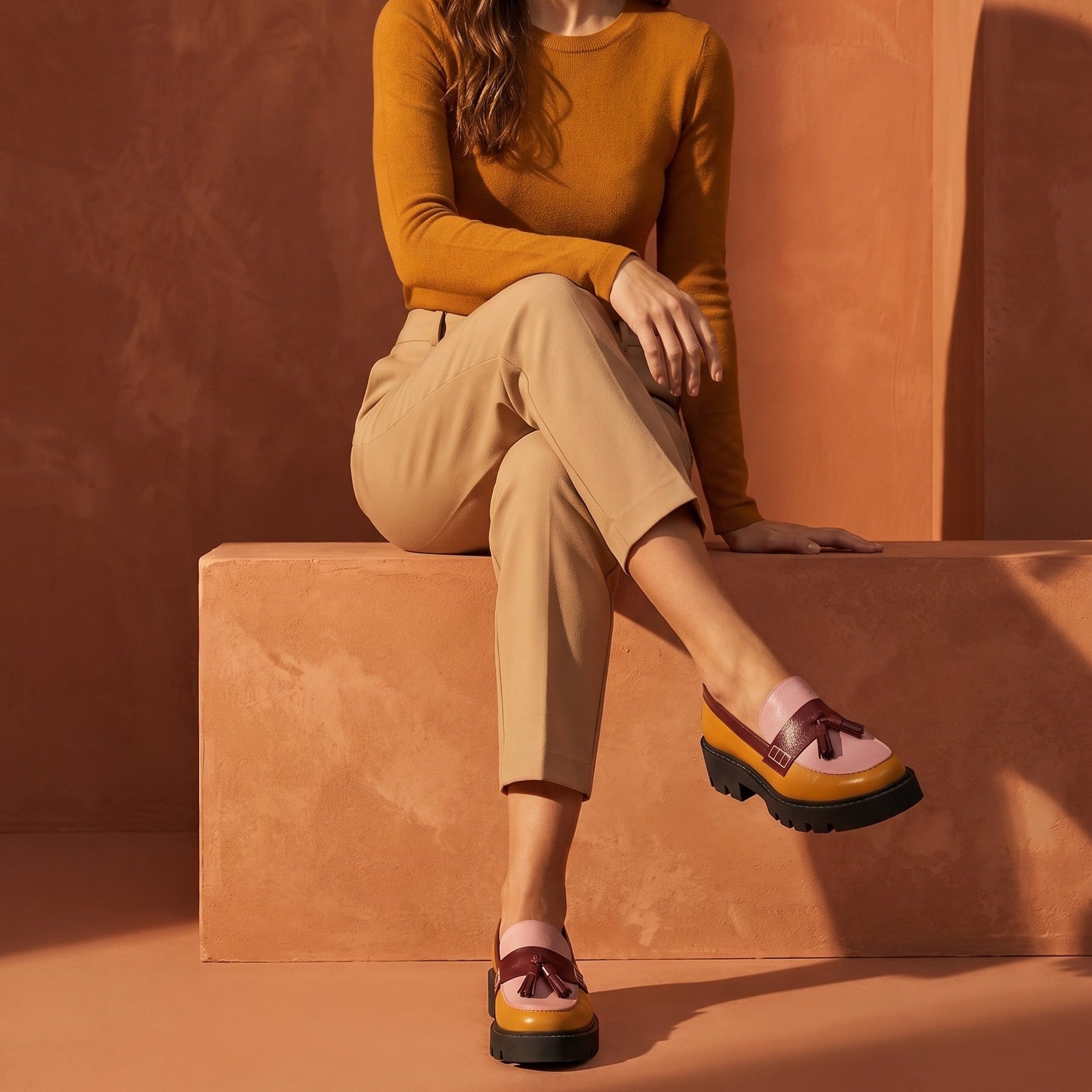A woman sits on a terracotta-colored block in a studio setting, wearing a mustard yellow long-sleeve top, beige cropped trousers, and multicolor platform loafers against a matching textured background.