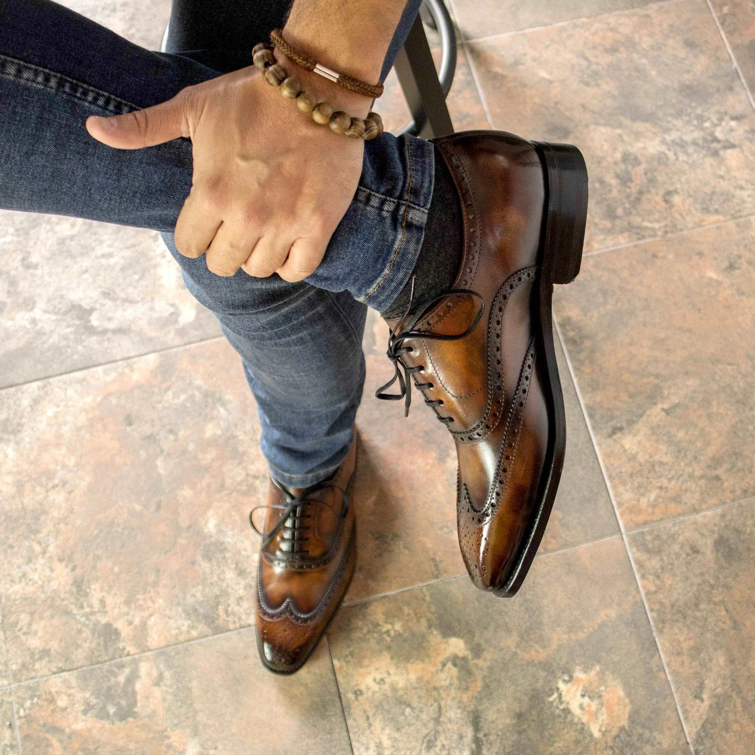 Bondo patina full brogue shoes in brown leather wingtip style