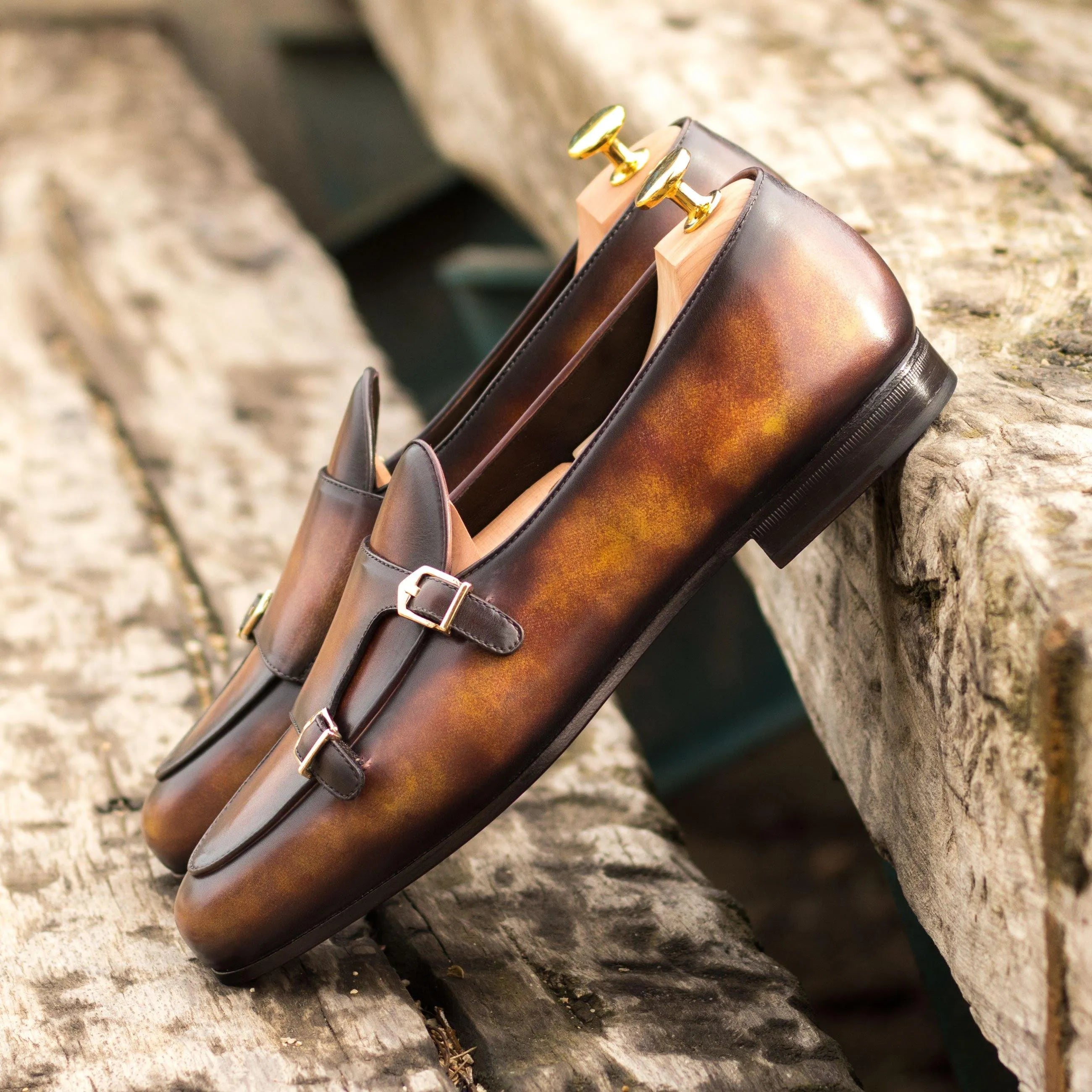 Dan Belgian Patina monk slipper with brown leather double monk straps