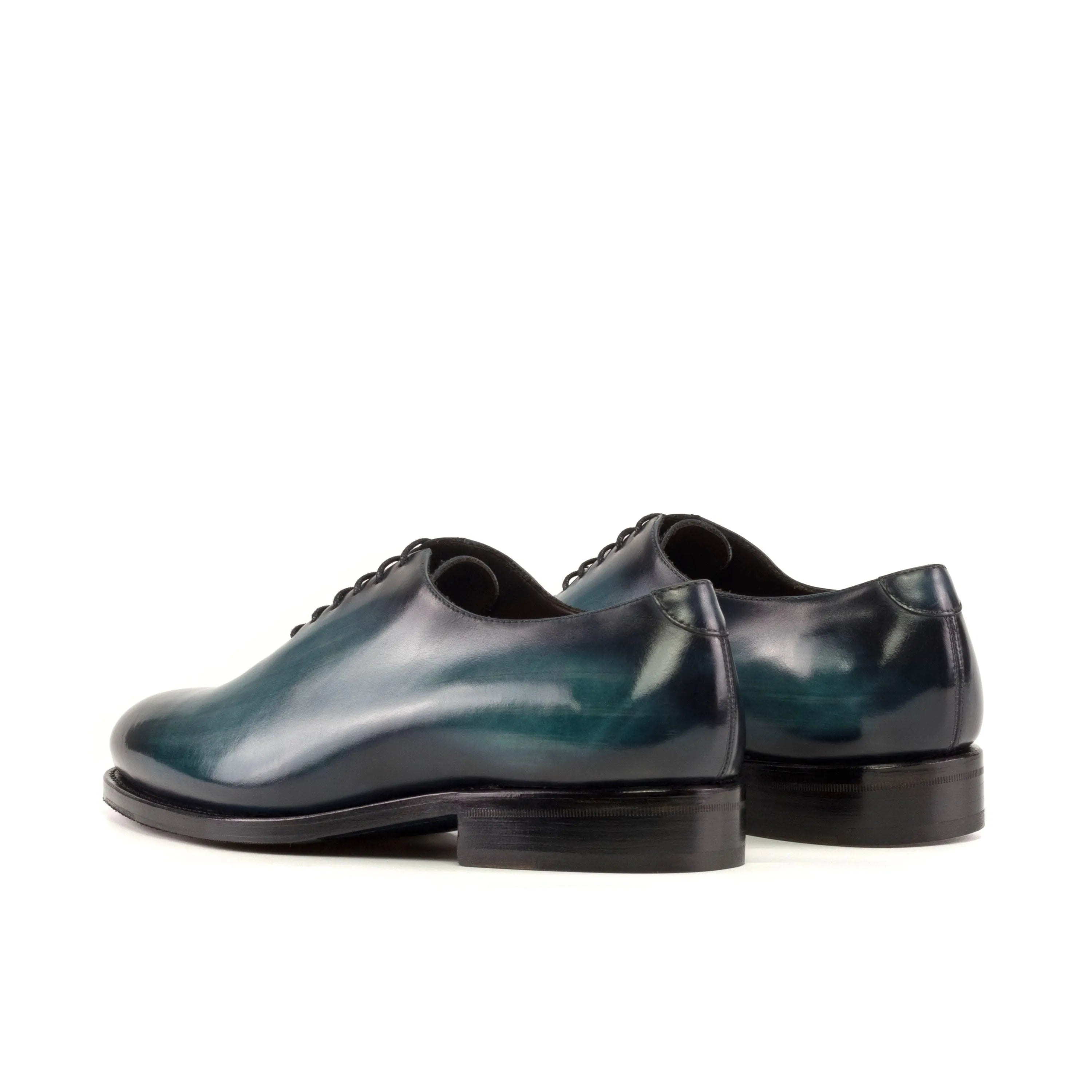 Deep Whole Cut Patina II blue leather shoes with turquoise patina, closed channel lacing