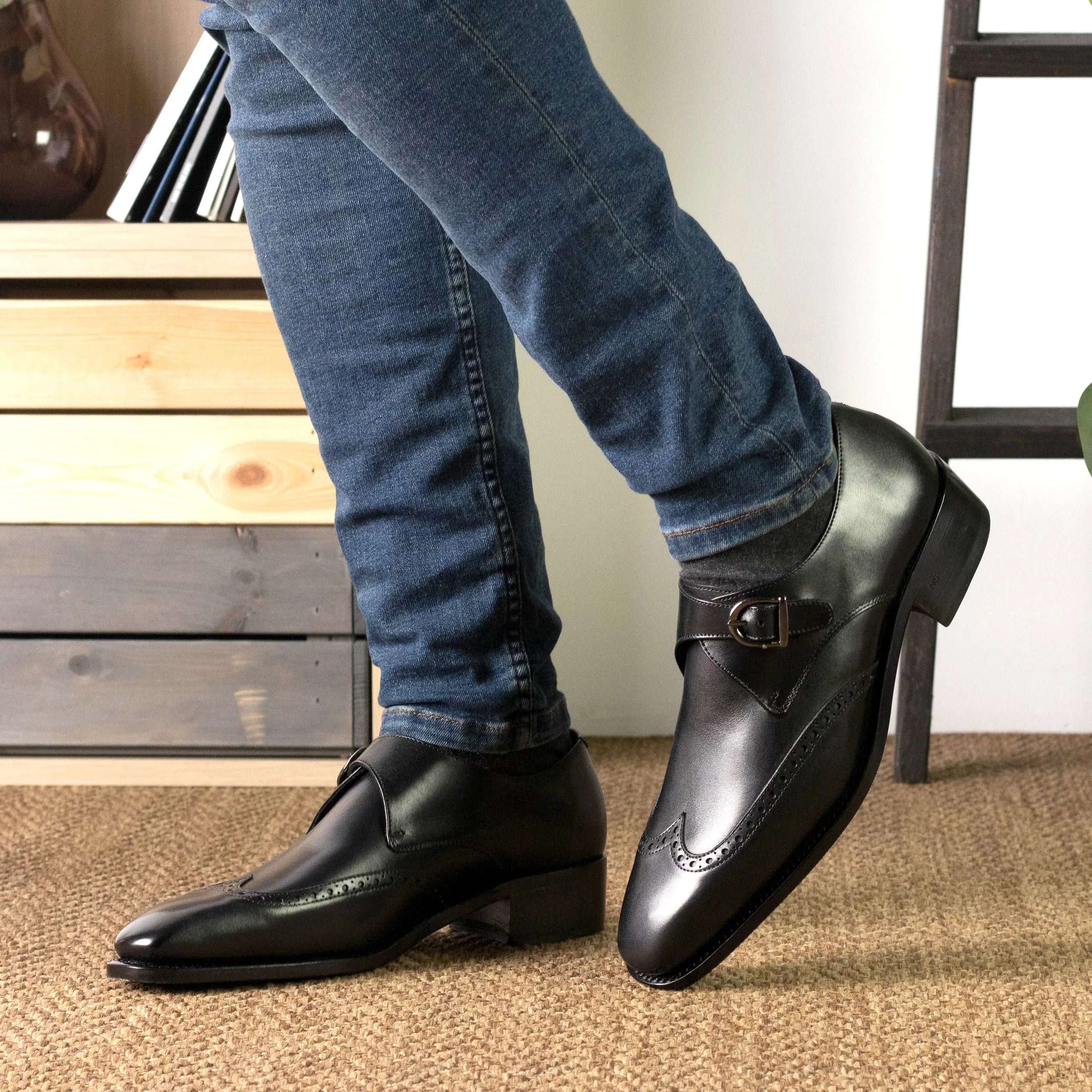 Deluca Single Monk II black leather monk strap shoes