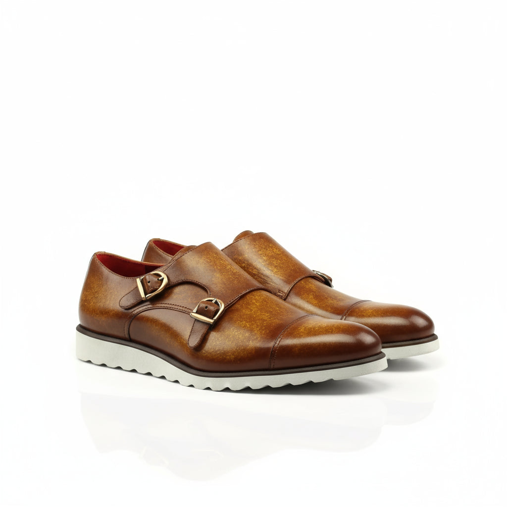 Dilya double monk patina brown leather shoes back view