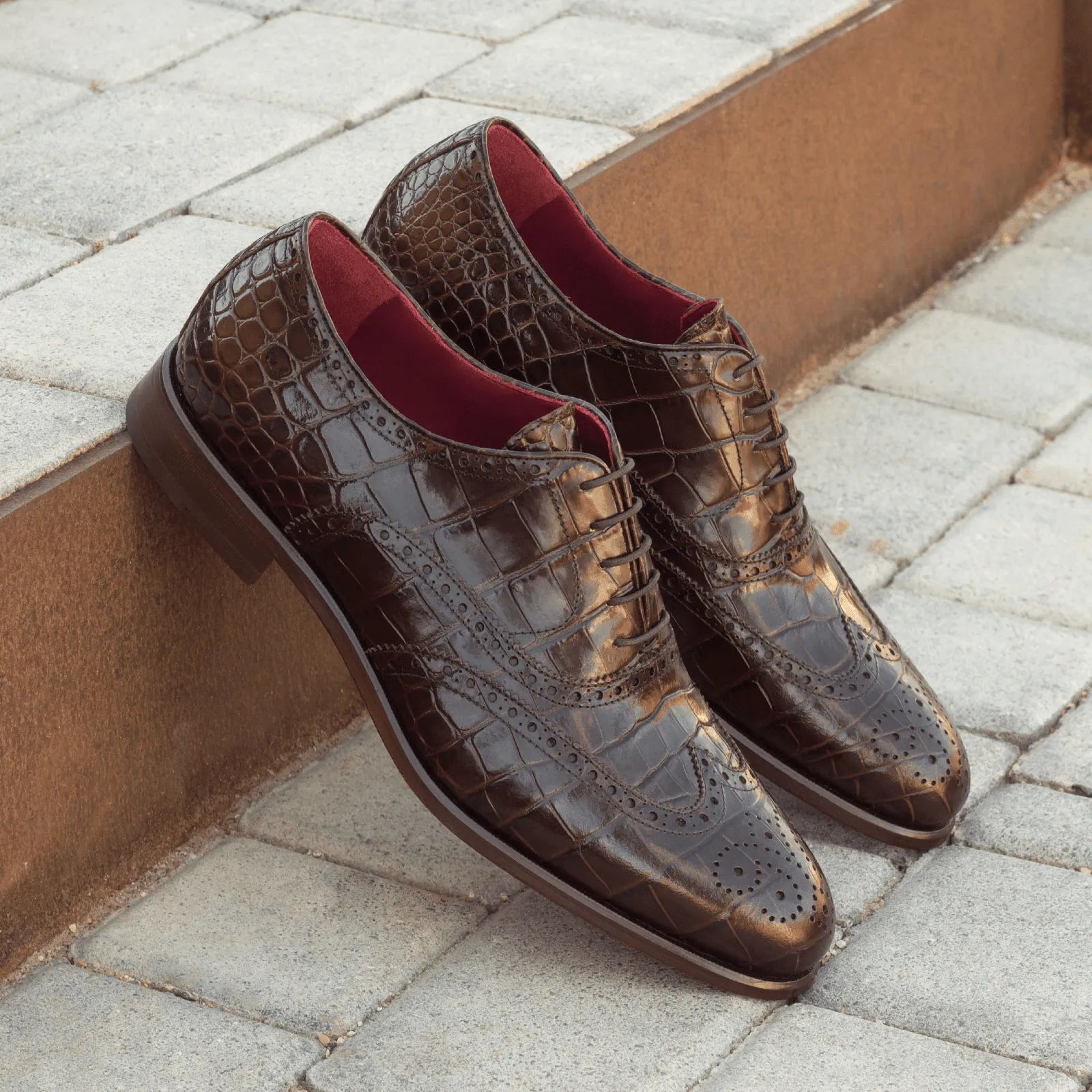 Pair of brown crocodile Dirk Full Brogue Shoes II, luxury bespoke rounded toe shoes for men
