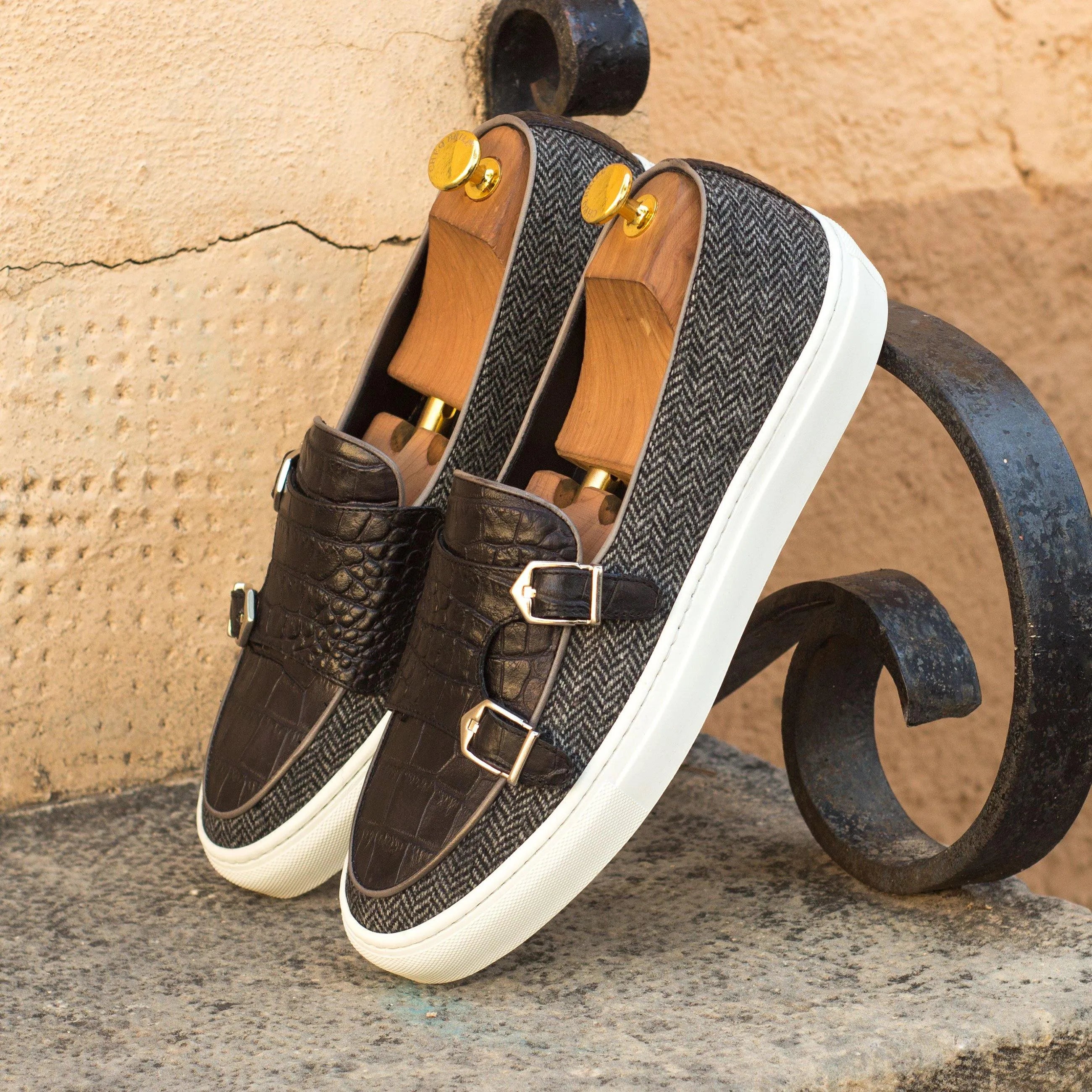 DonDrapper monk sneaker II stylish brown leather herringbone slip-on shoes