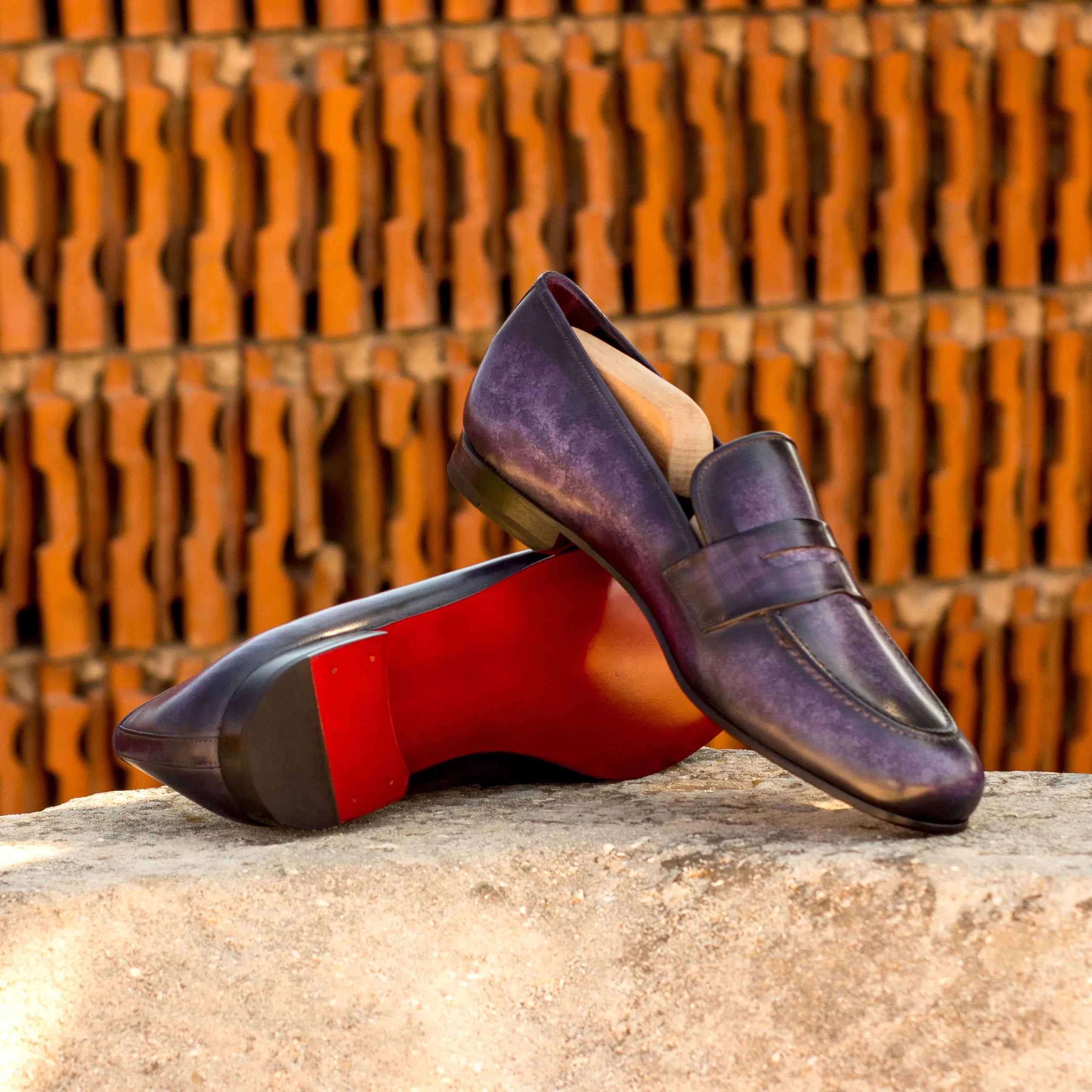 Euclid Wellington Patina slip on purple leather loafers with red soles