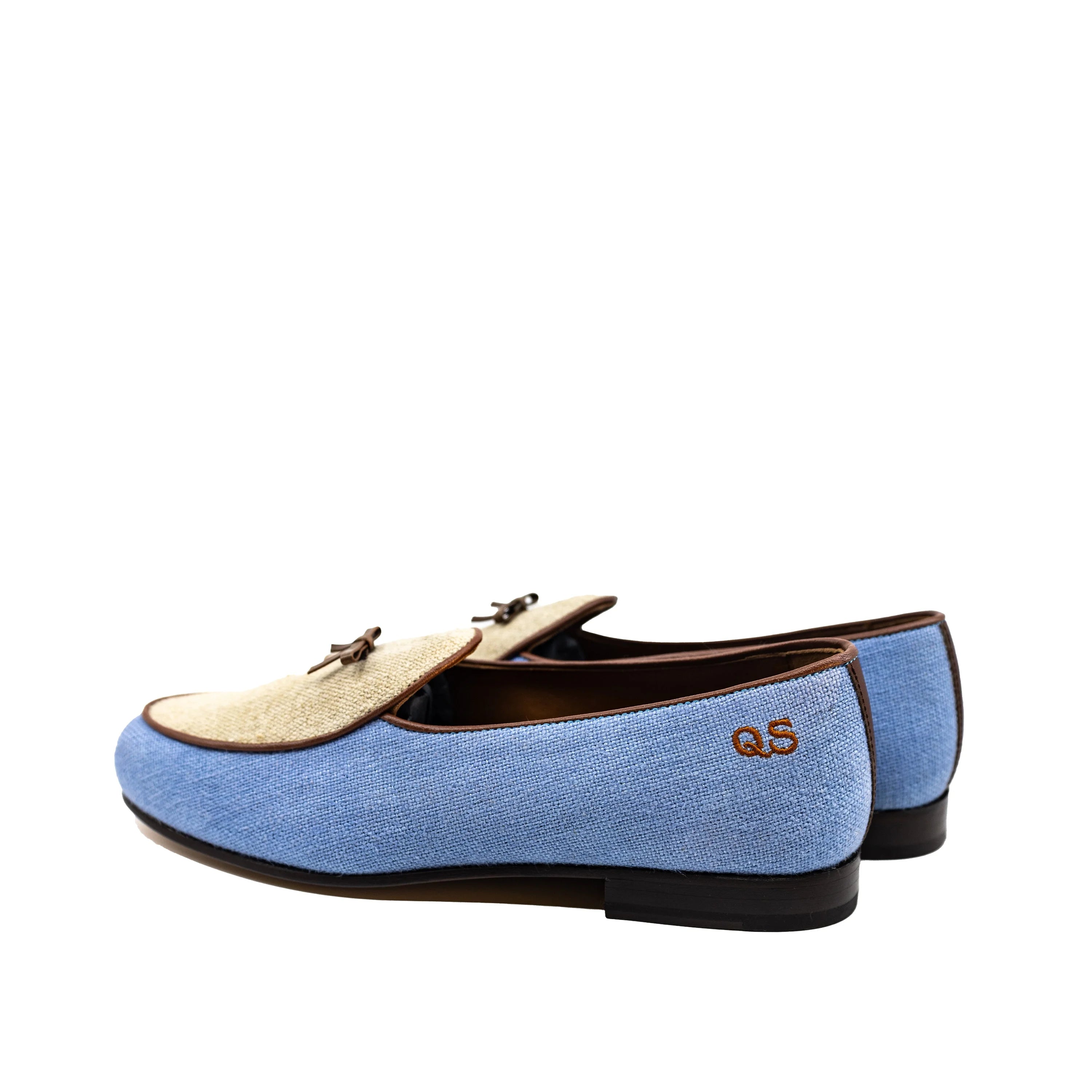 Back view of Fernandez Belgian Slipper in light blue suede with gold qs monogram
