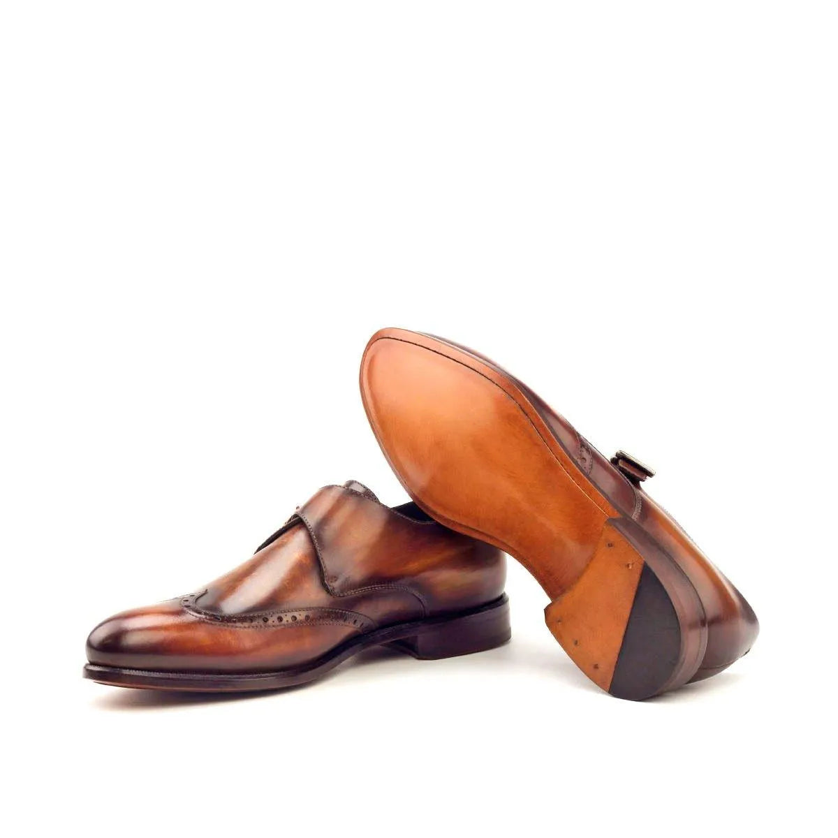 Givio single monk patina shoes in brown leather monk strap design