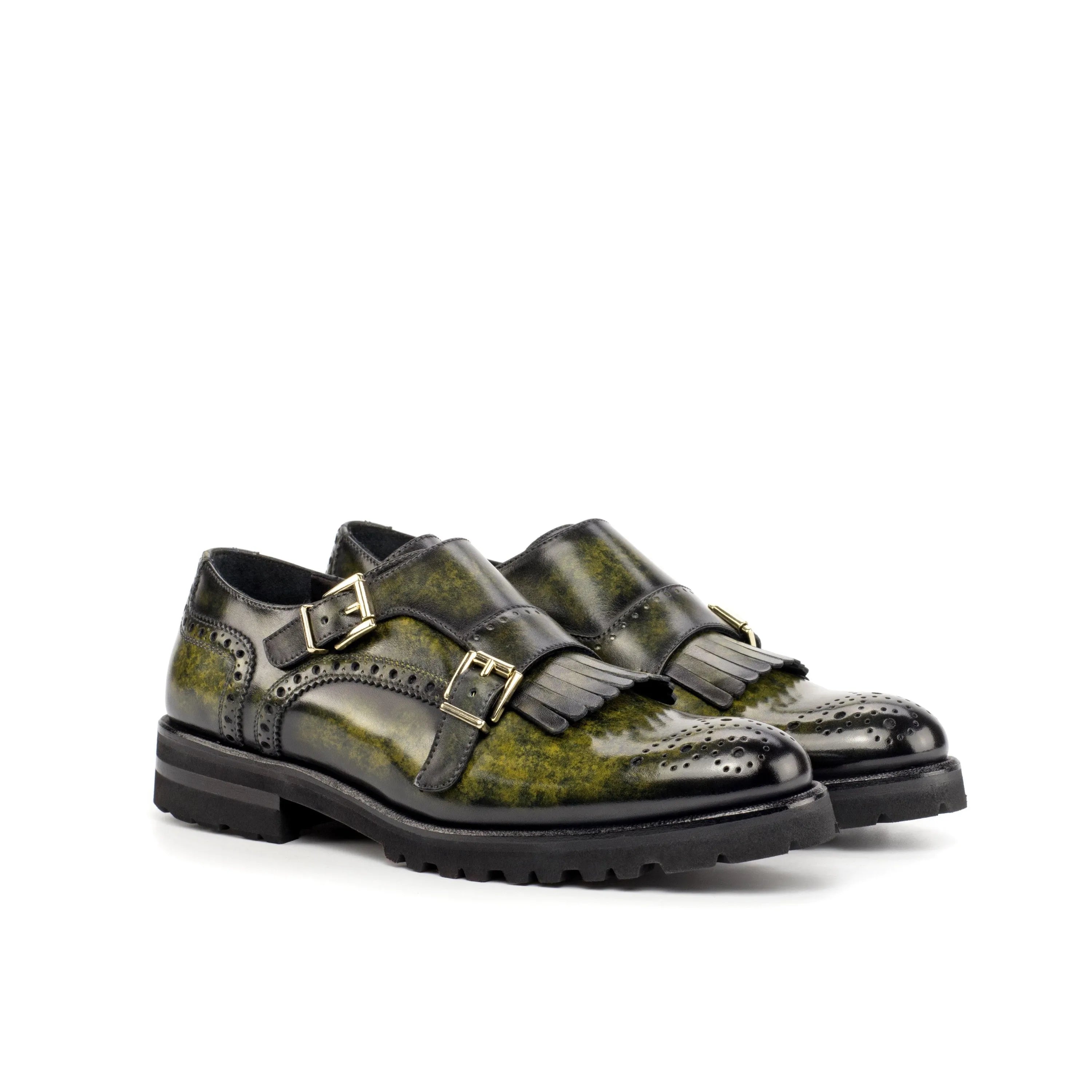 Juju kiltie patina womens monk strap shoes in green leather