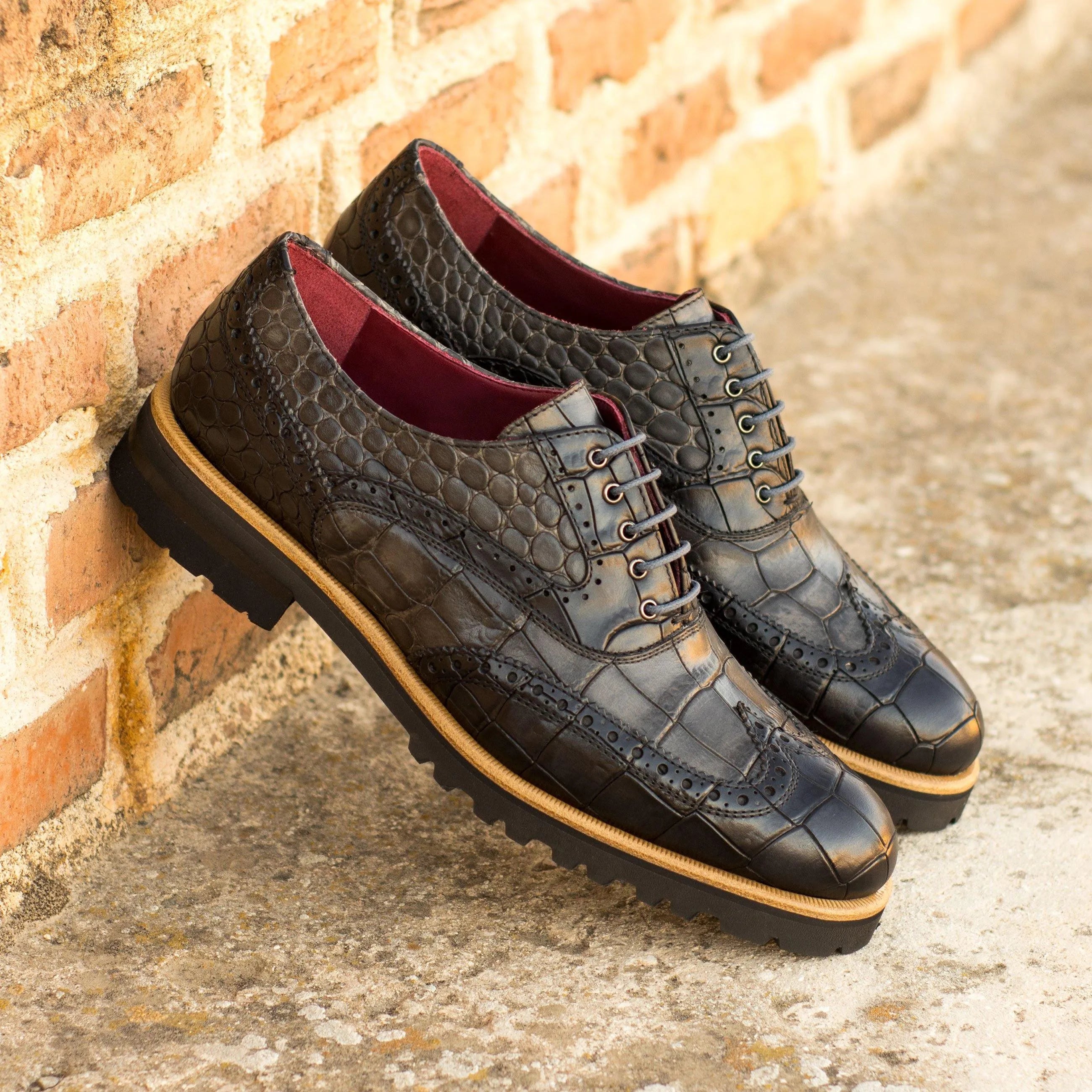 Leima Ladies Full Brogue II croco embossed calf leather dress shoes
