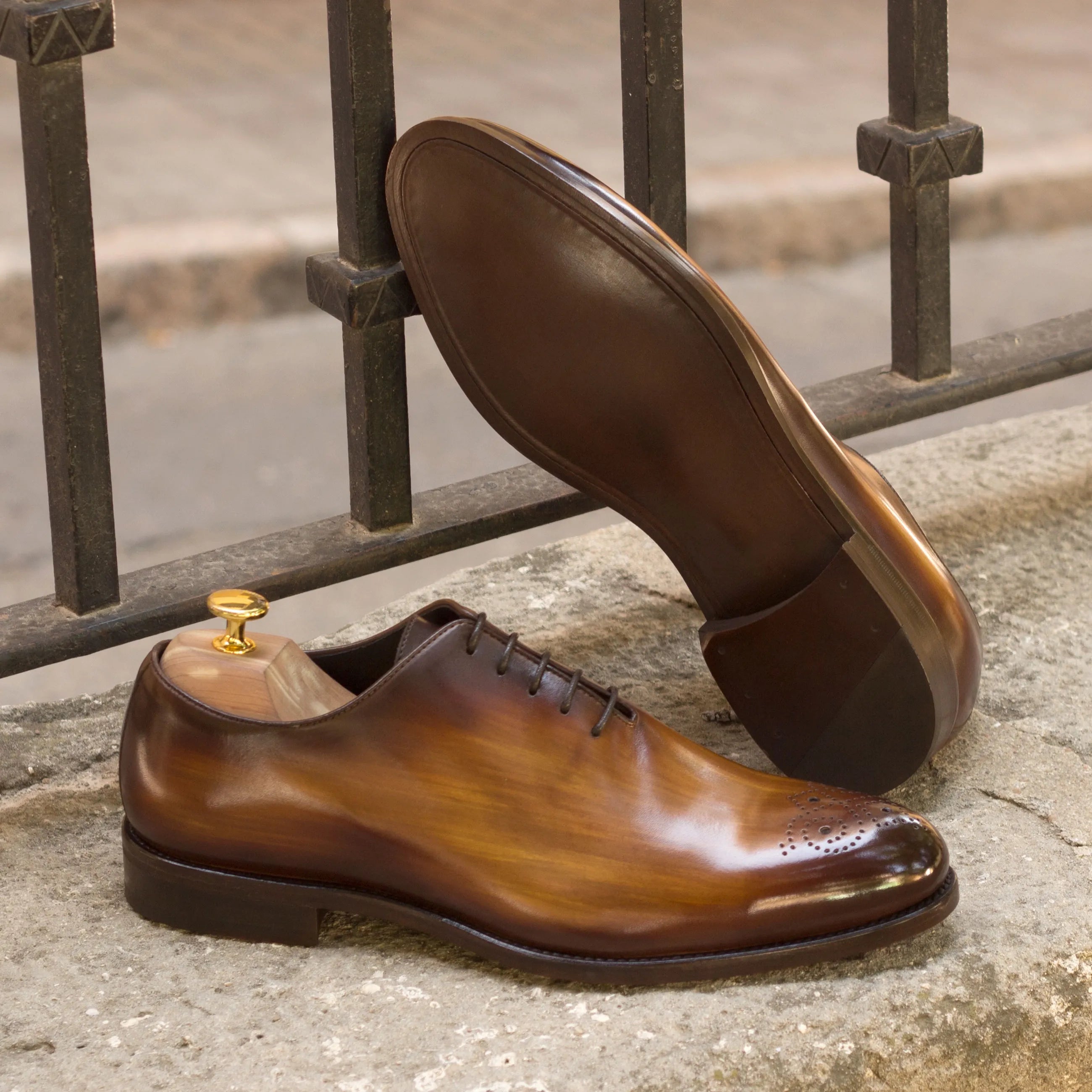 Mario whole cut patina brown leather dress shoes for men