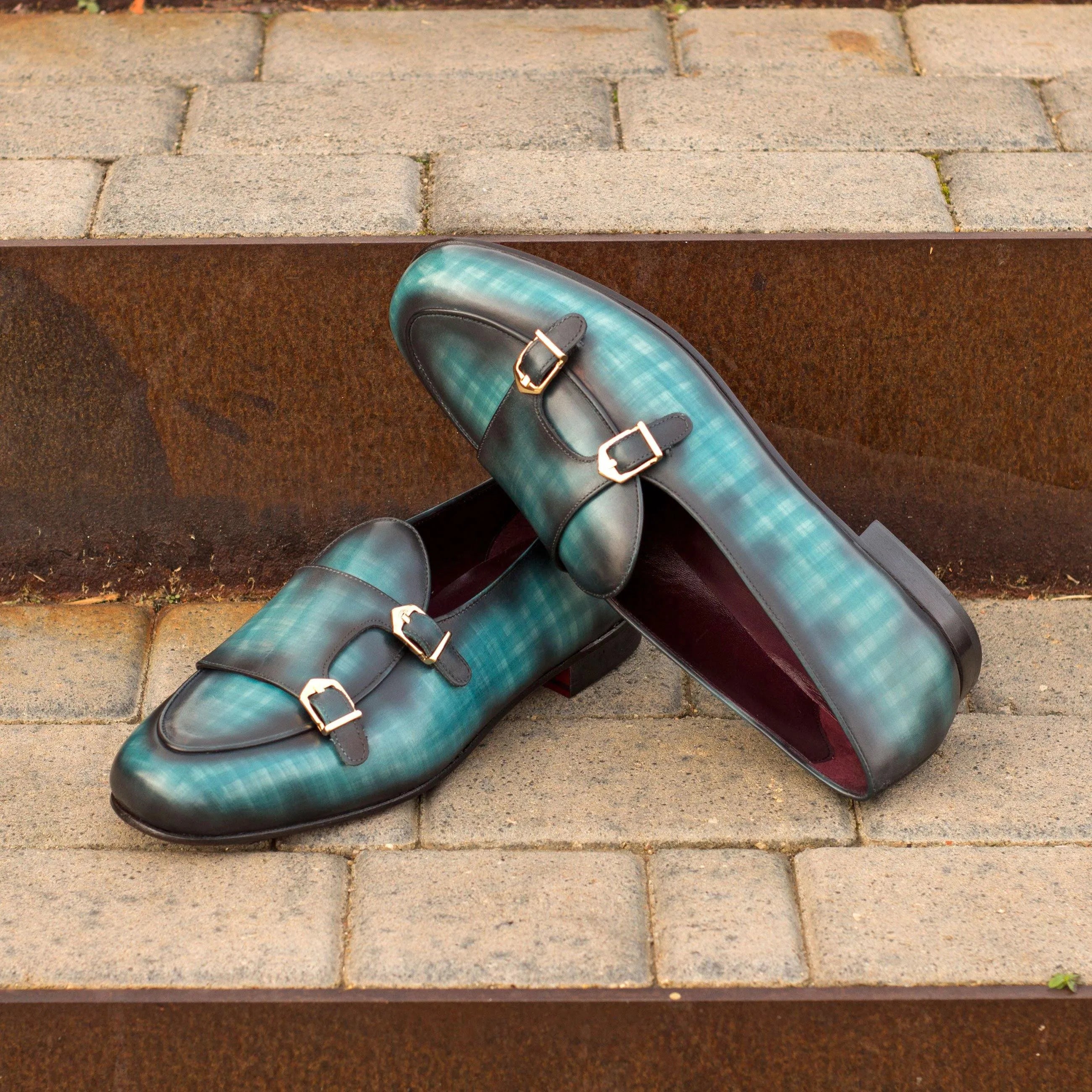 Mercelo Belgian Patina Monk Slipper: stylish teal double monk strap loafers