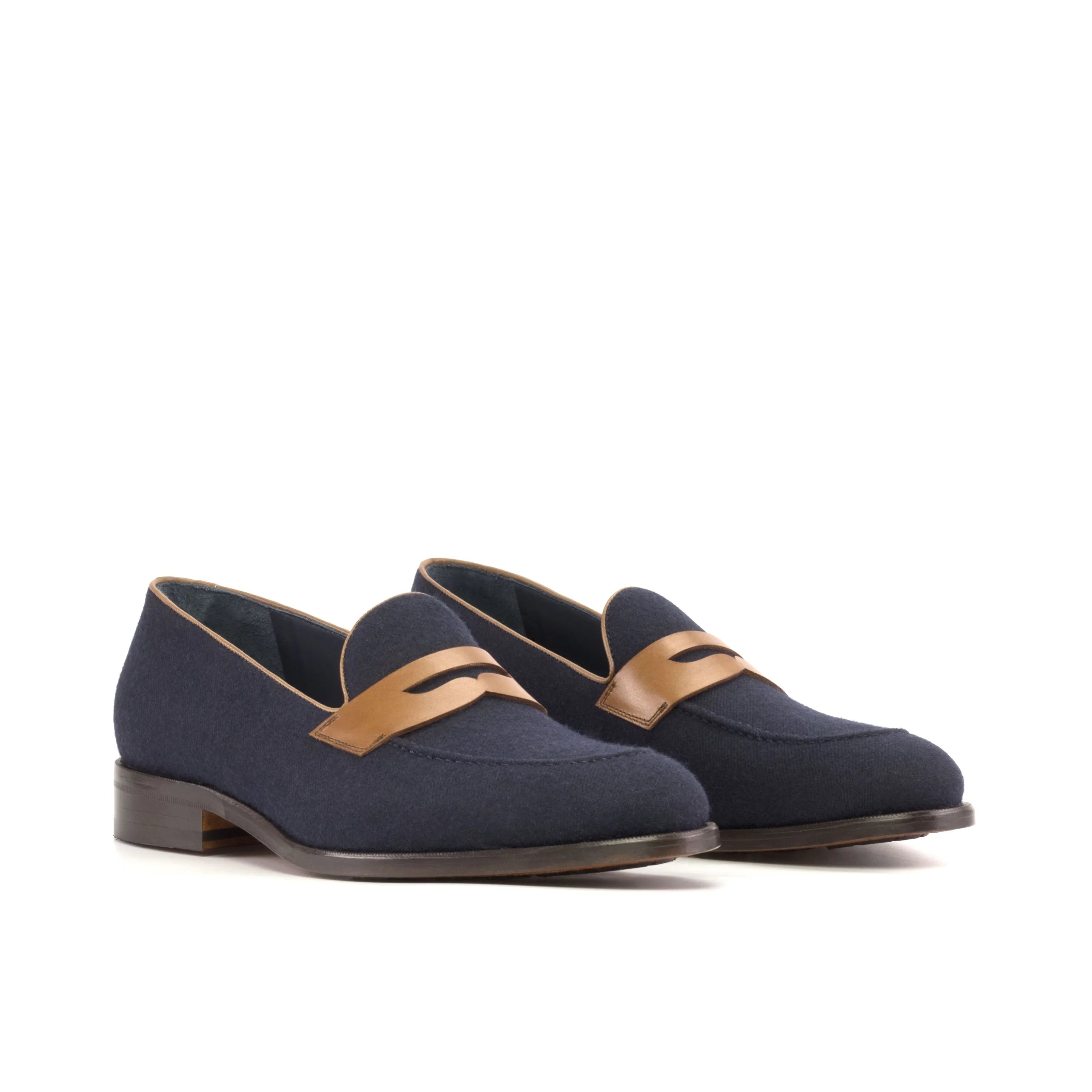 Pair of navy blue Nab Loafers II, luxury bespoke hand-painted patina shoes for men