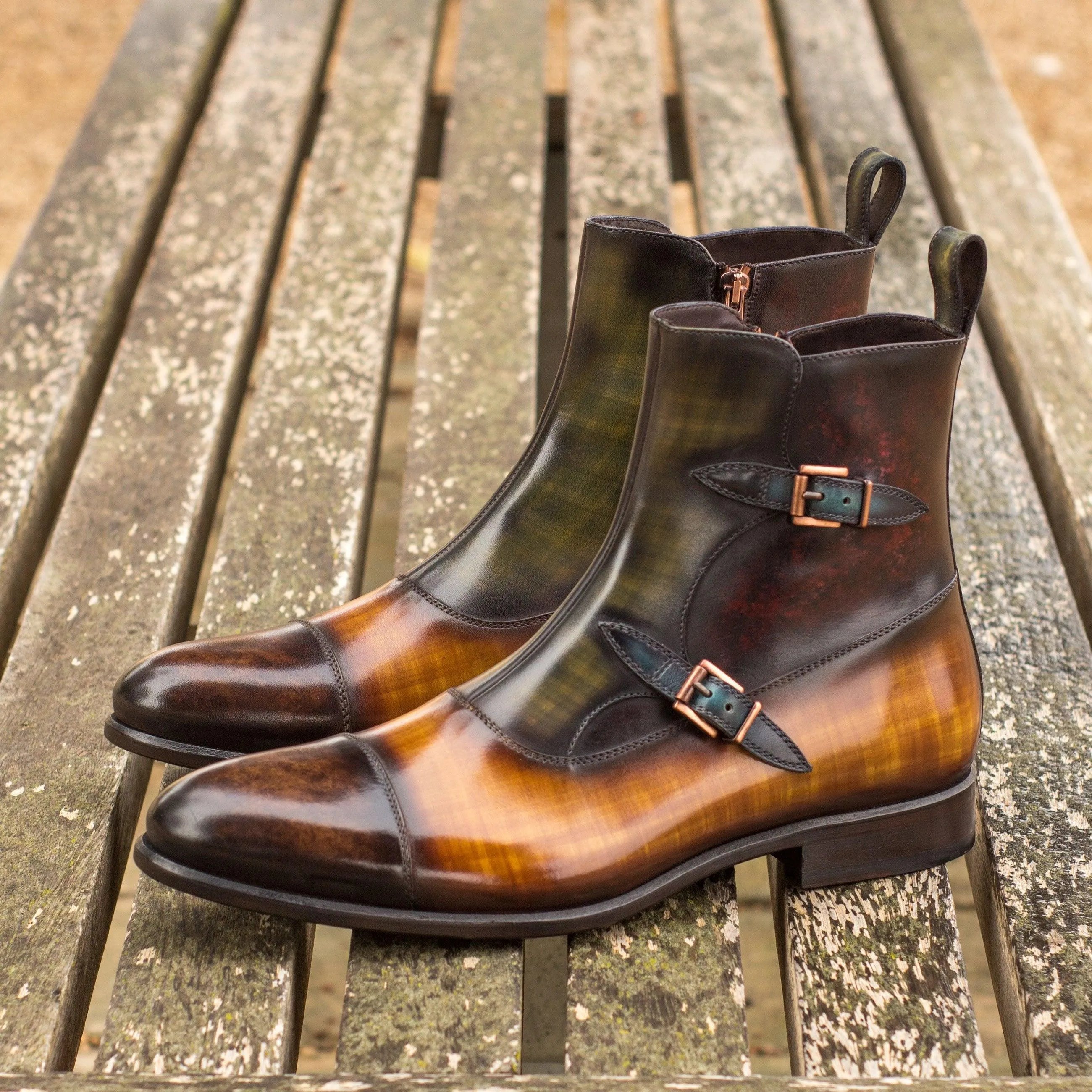 T59 Octavian Patina two-toned leather monk strap boots