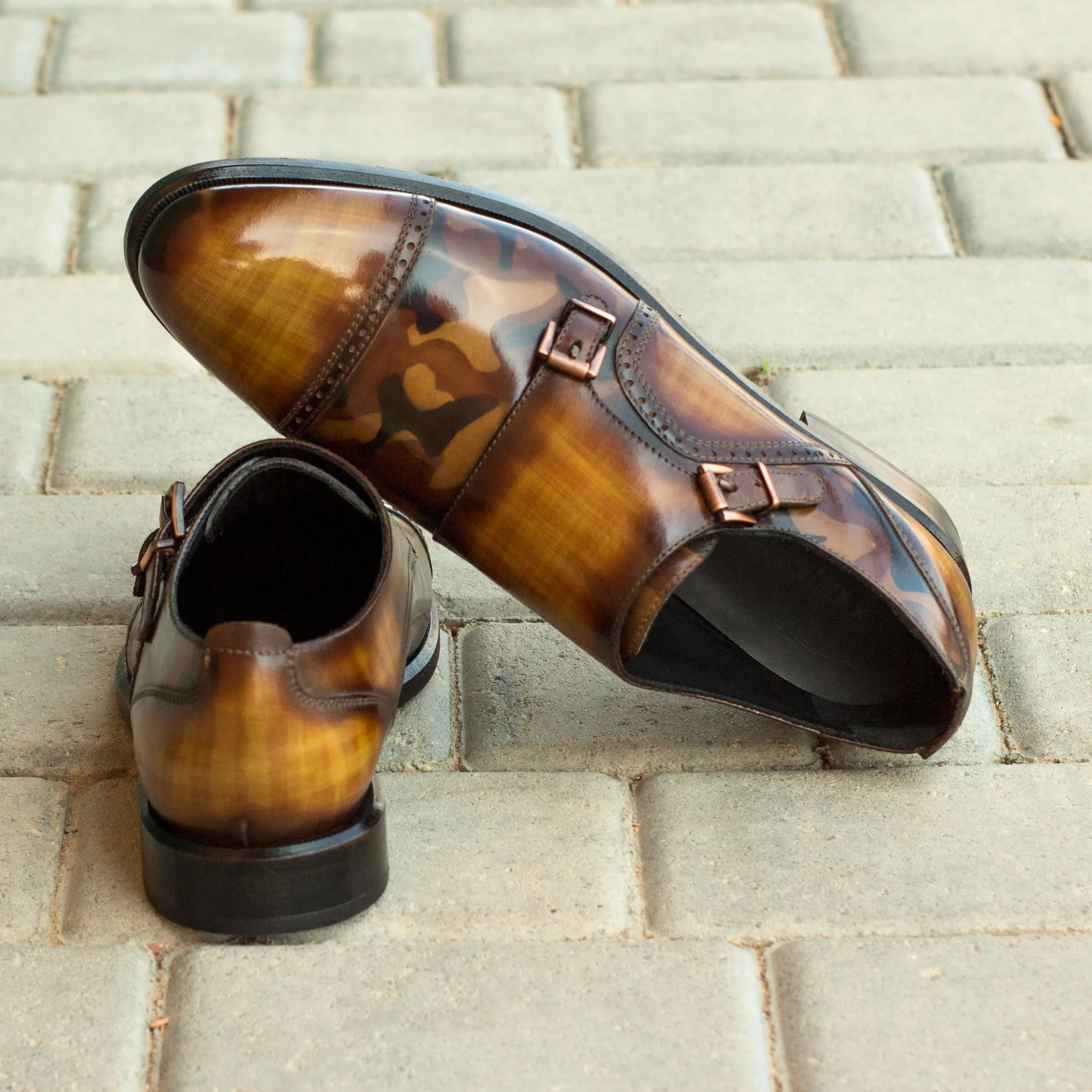 Talia women double monk brown leather strap shoes