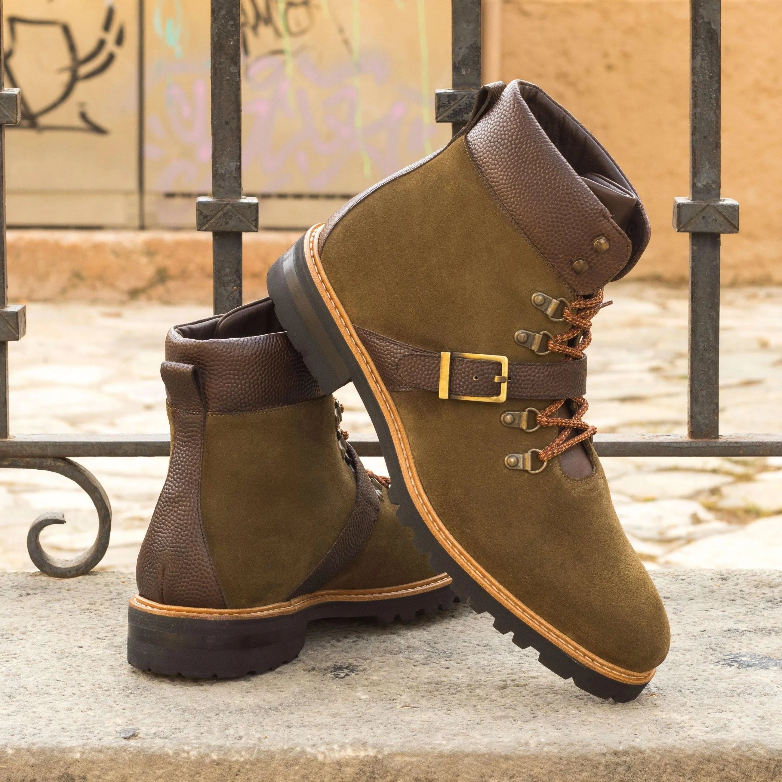 Timas Hiking Boots II in olive green and brown leather