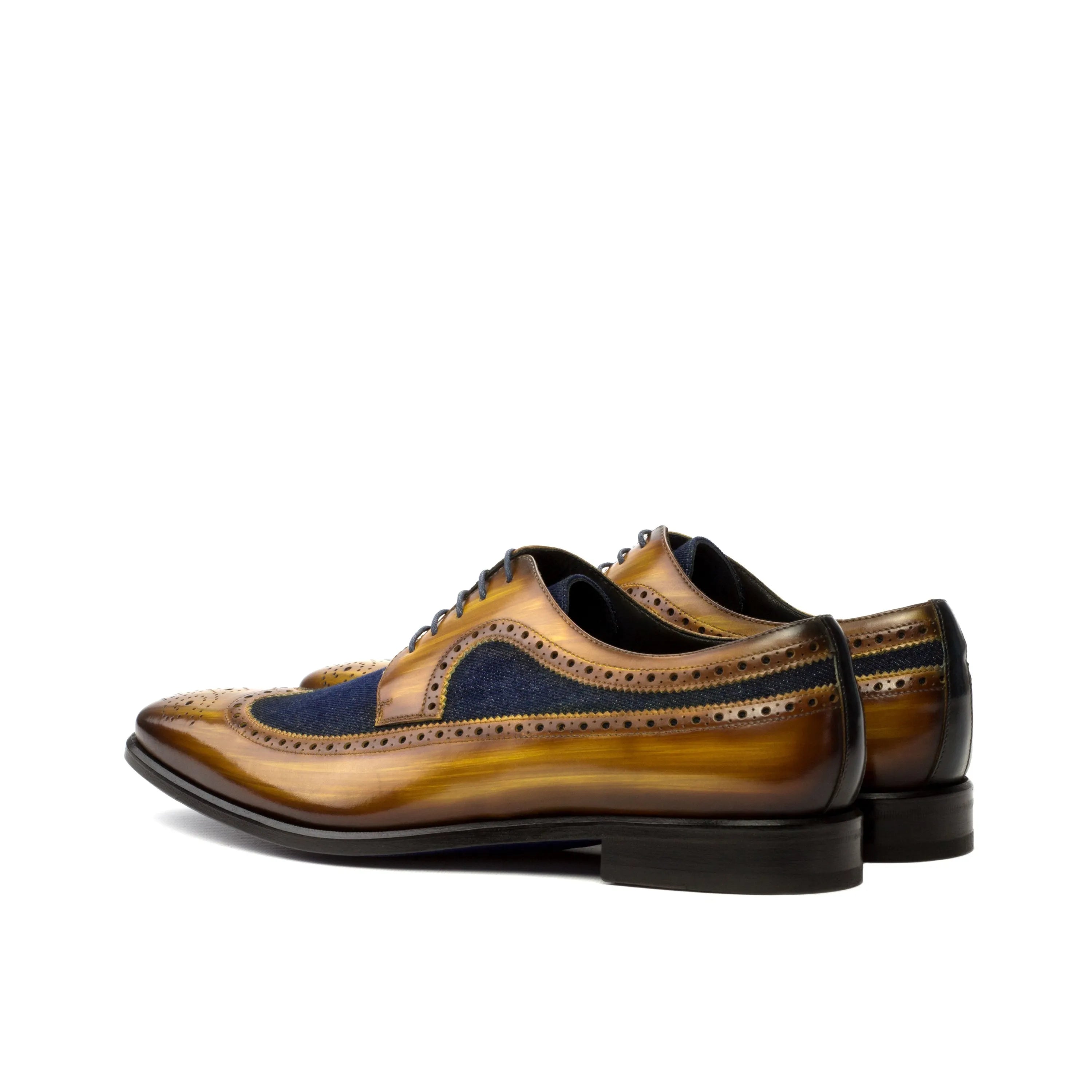 Trevor longwing blucher brown and blue leather dress shoes with crust patina