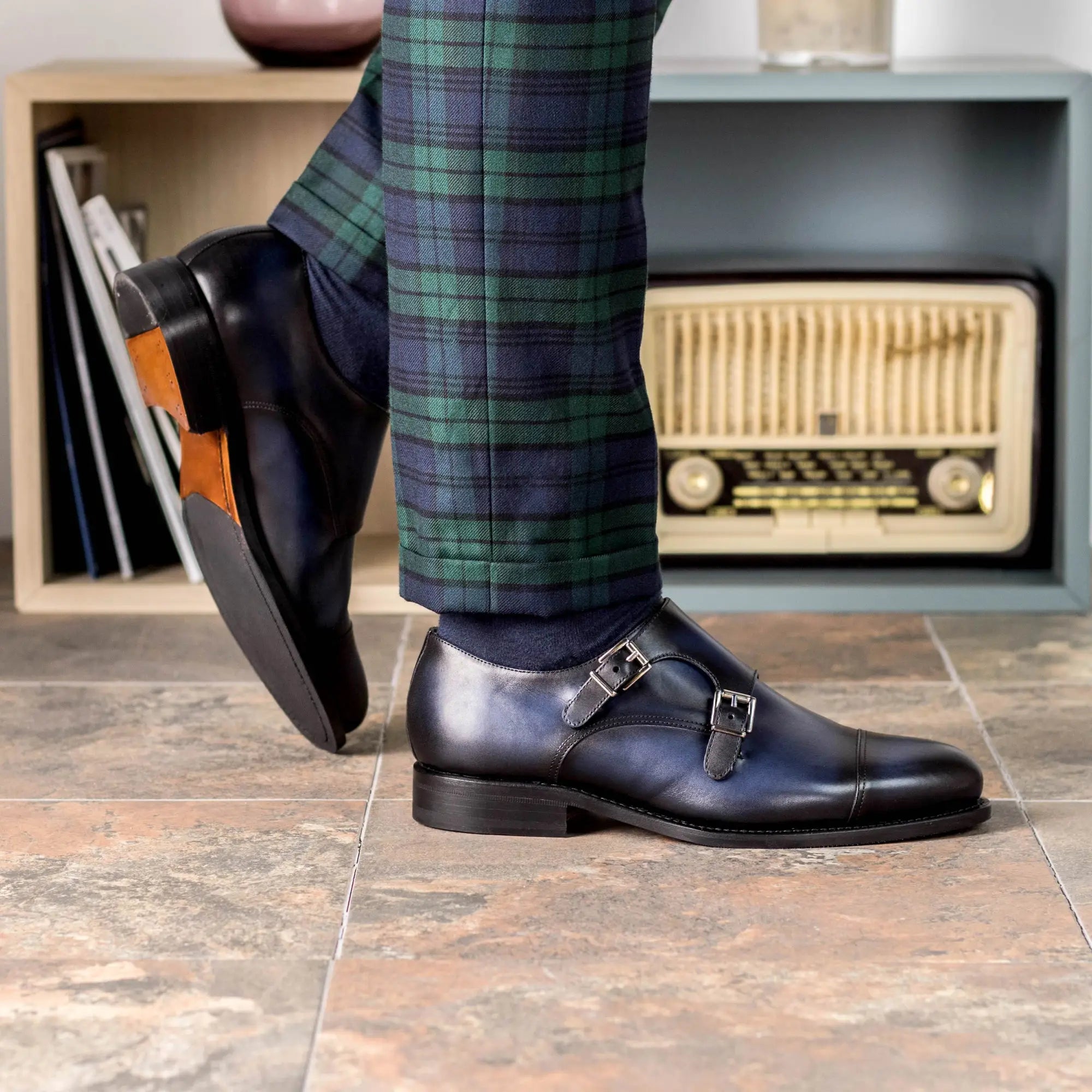 Blue leather double monk strap shoes.