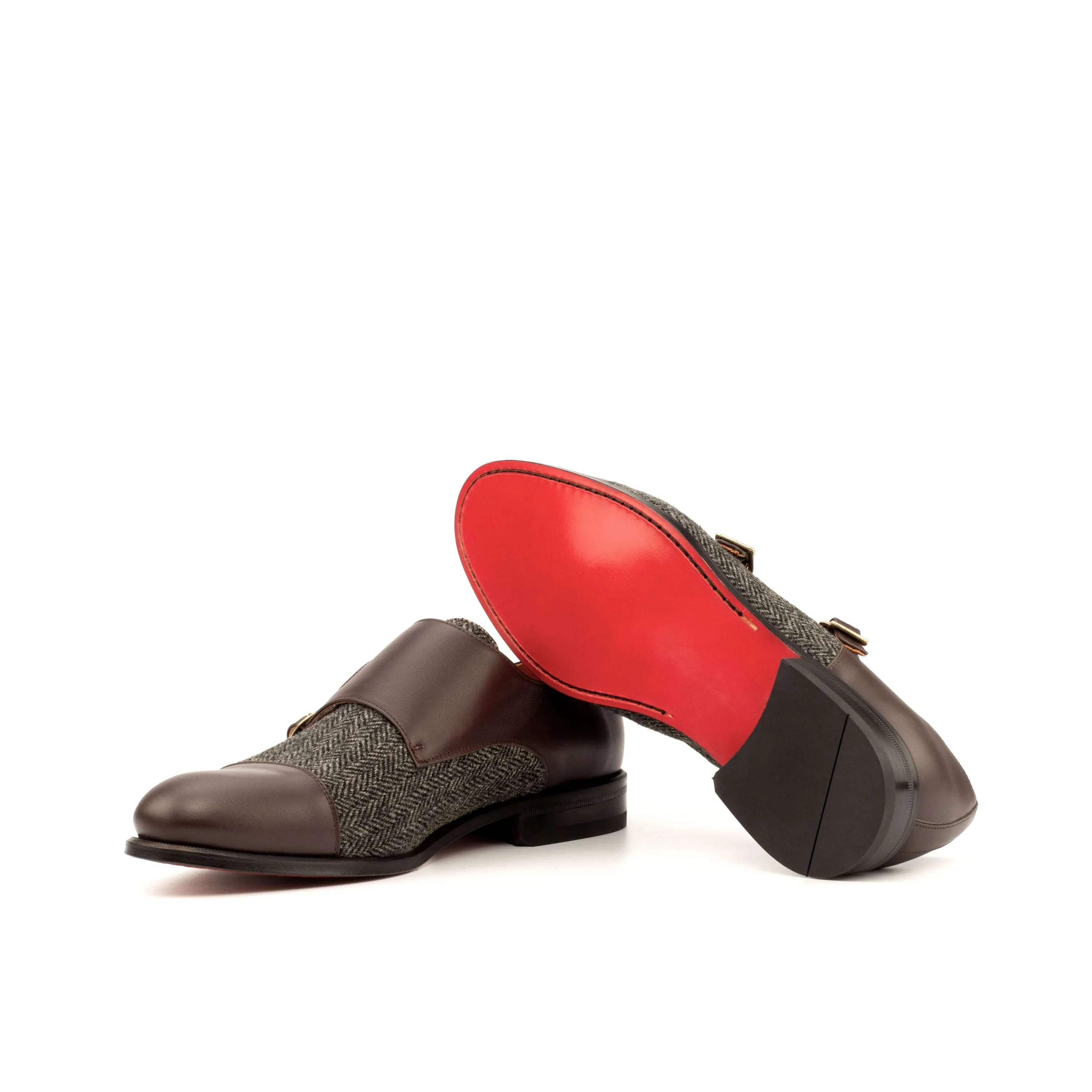 Achak double monk shoes in two-tone leather tweed with red soles