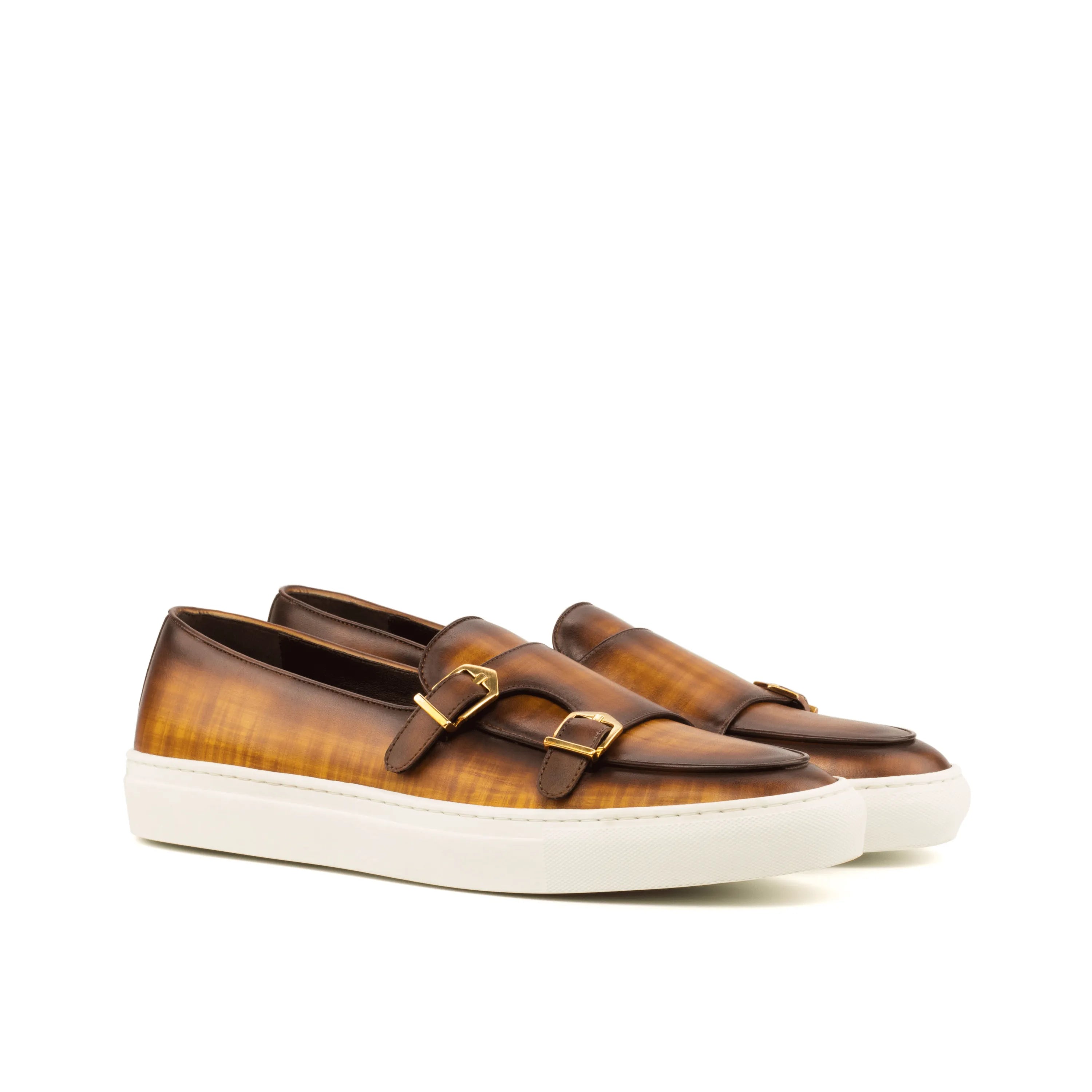 Aelred patina monk sneaker with brown leather double monk straps