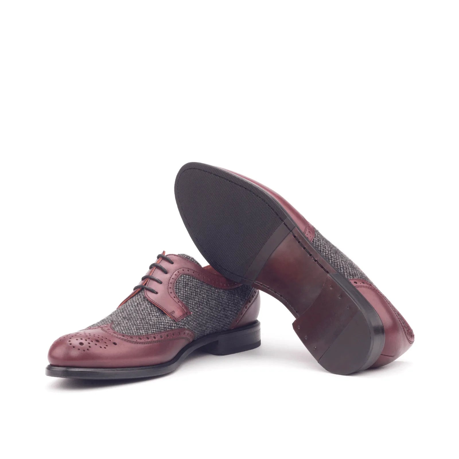 Balbina ladies derby wingtip in burgundy leather and tweed