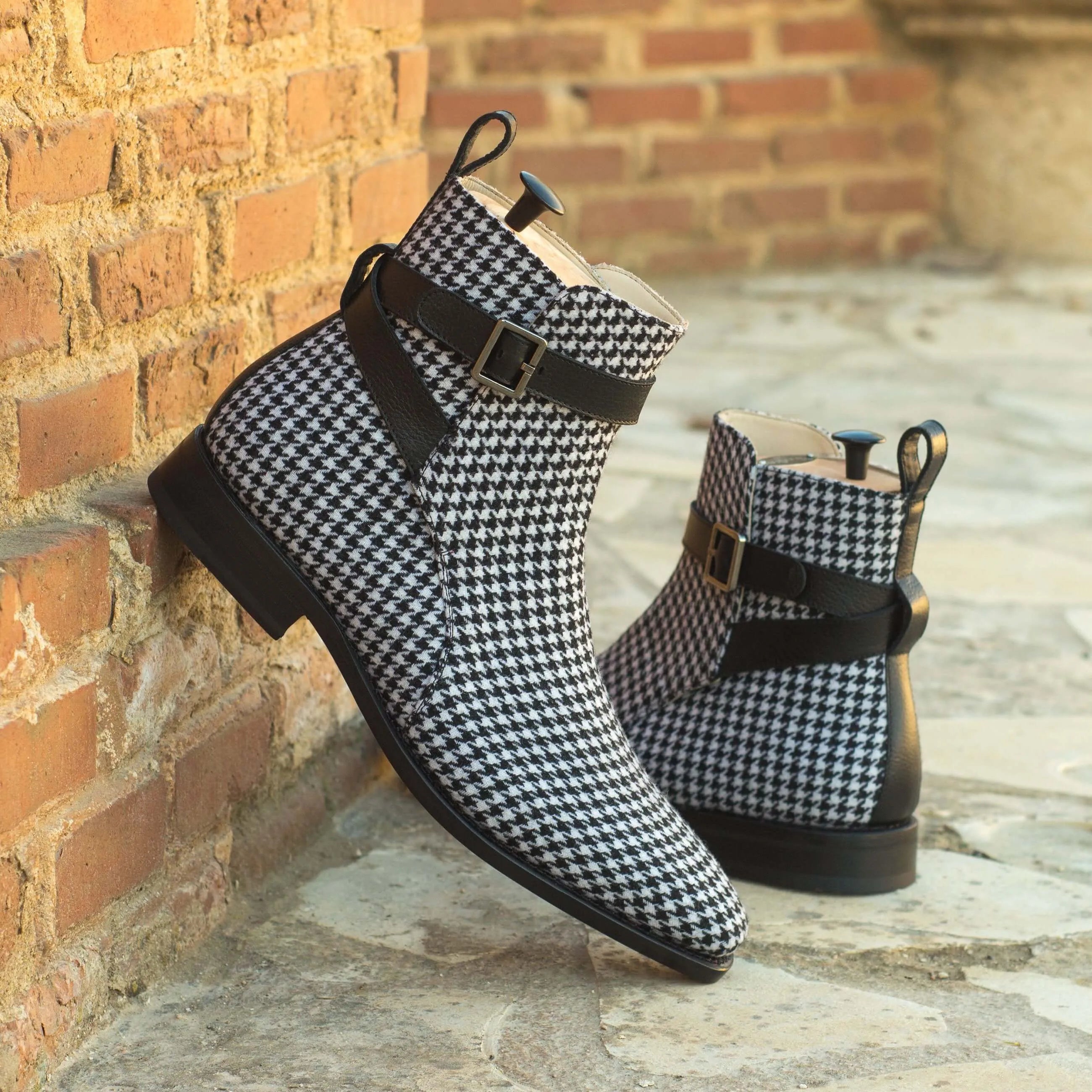 Banderas Jodhpur boots sample in houndstooth pattern, black painted leather sole