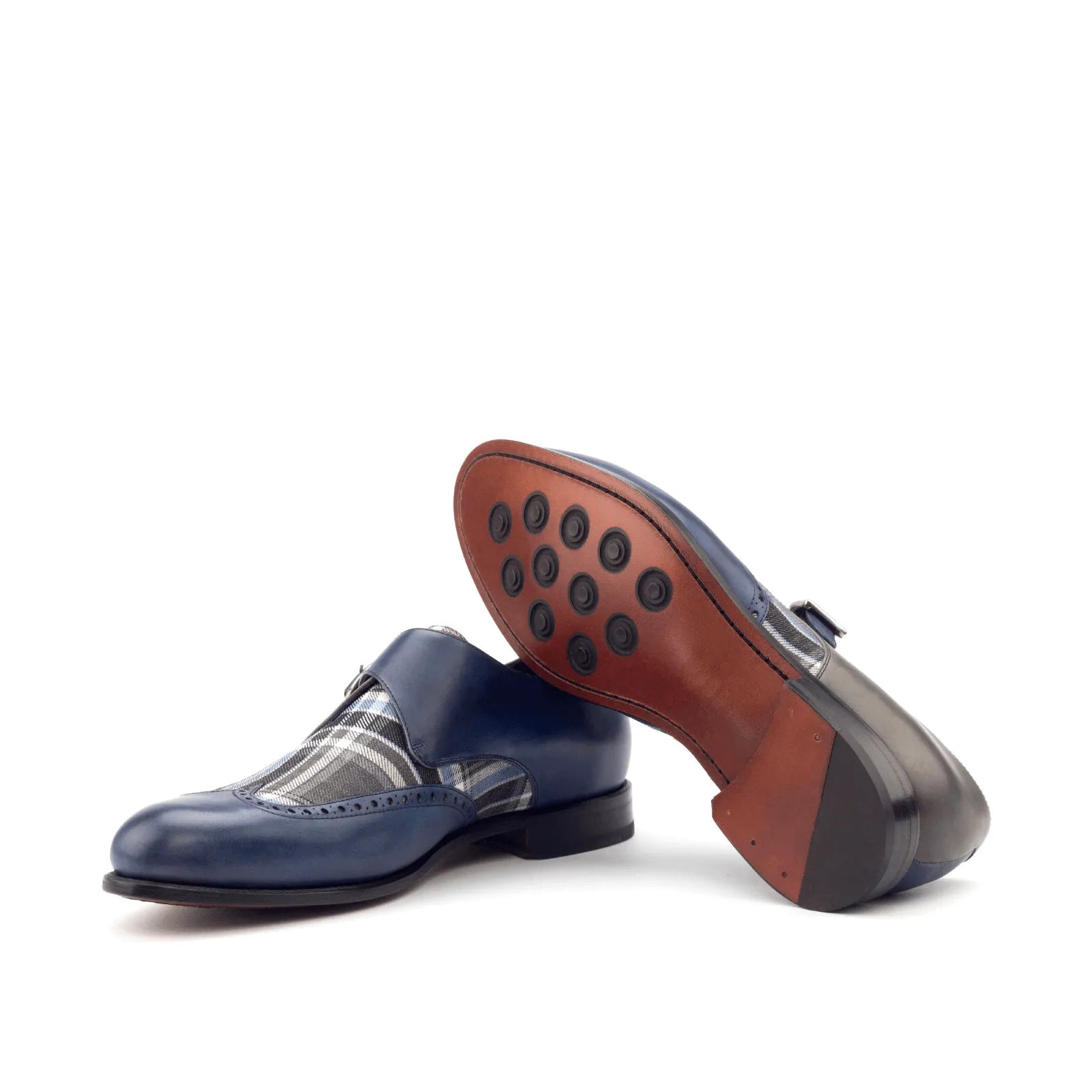 Benz single monk blue leather plaid monk strap shoes