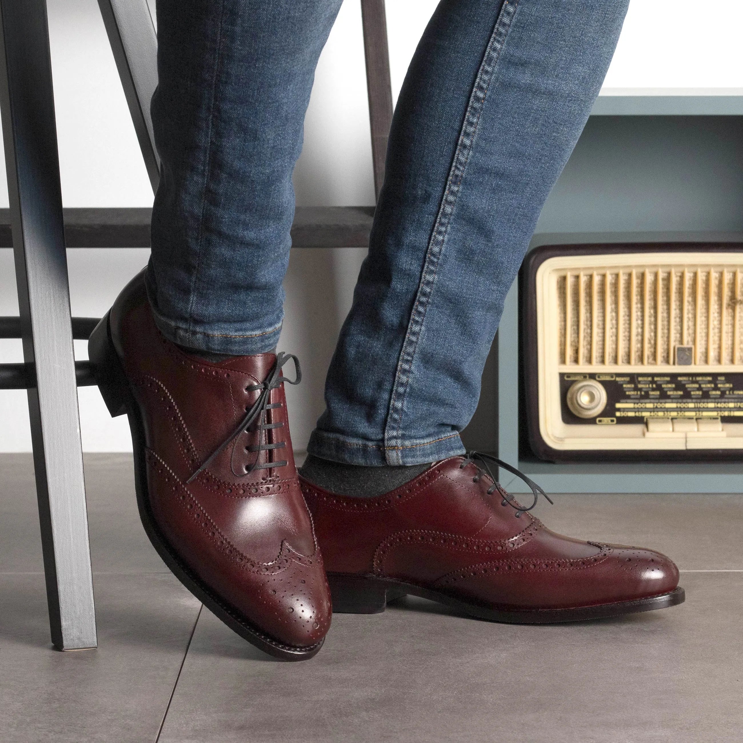 Borock full brogue burgundy leather wingtip dress shoes