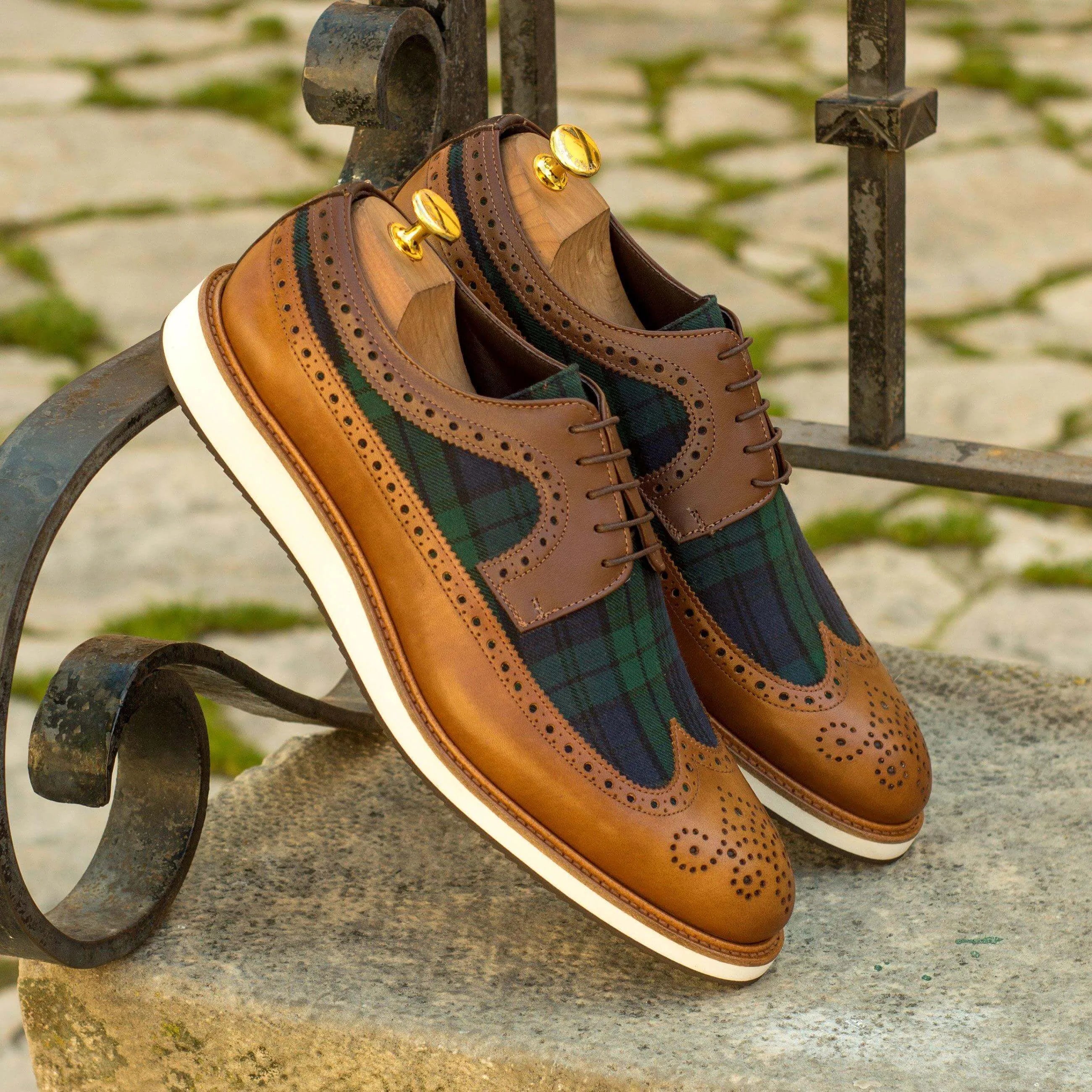 C89 Longwing Blucher II brown box calf tartan wingtip shoes