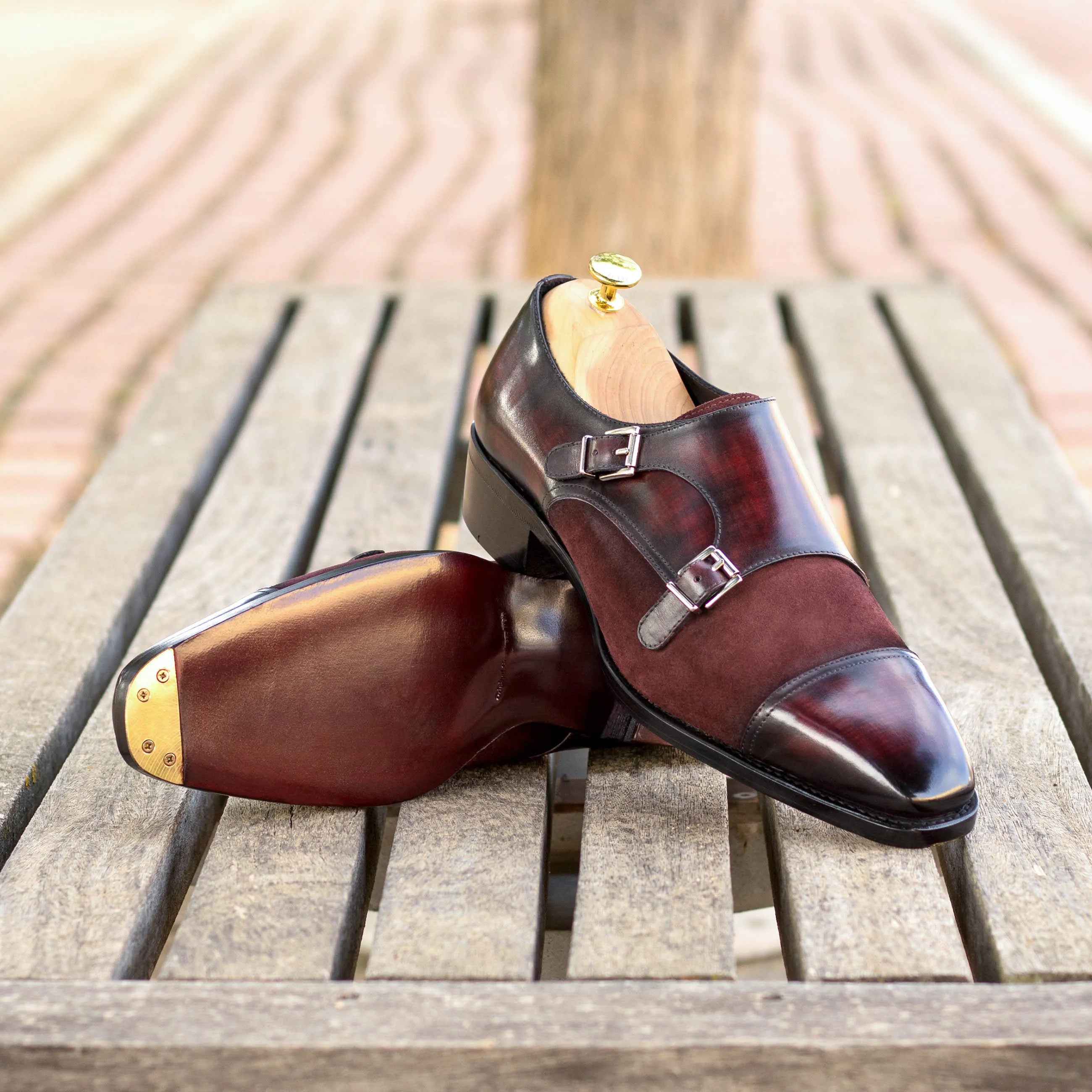 Calvary double monk patina burgundy leather shoes back view