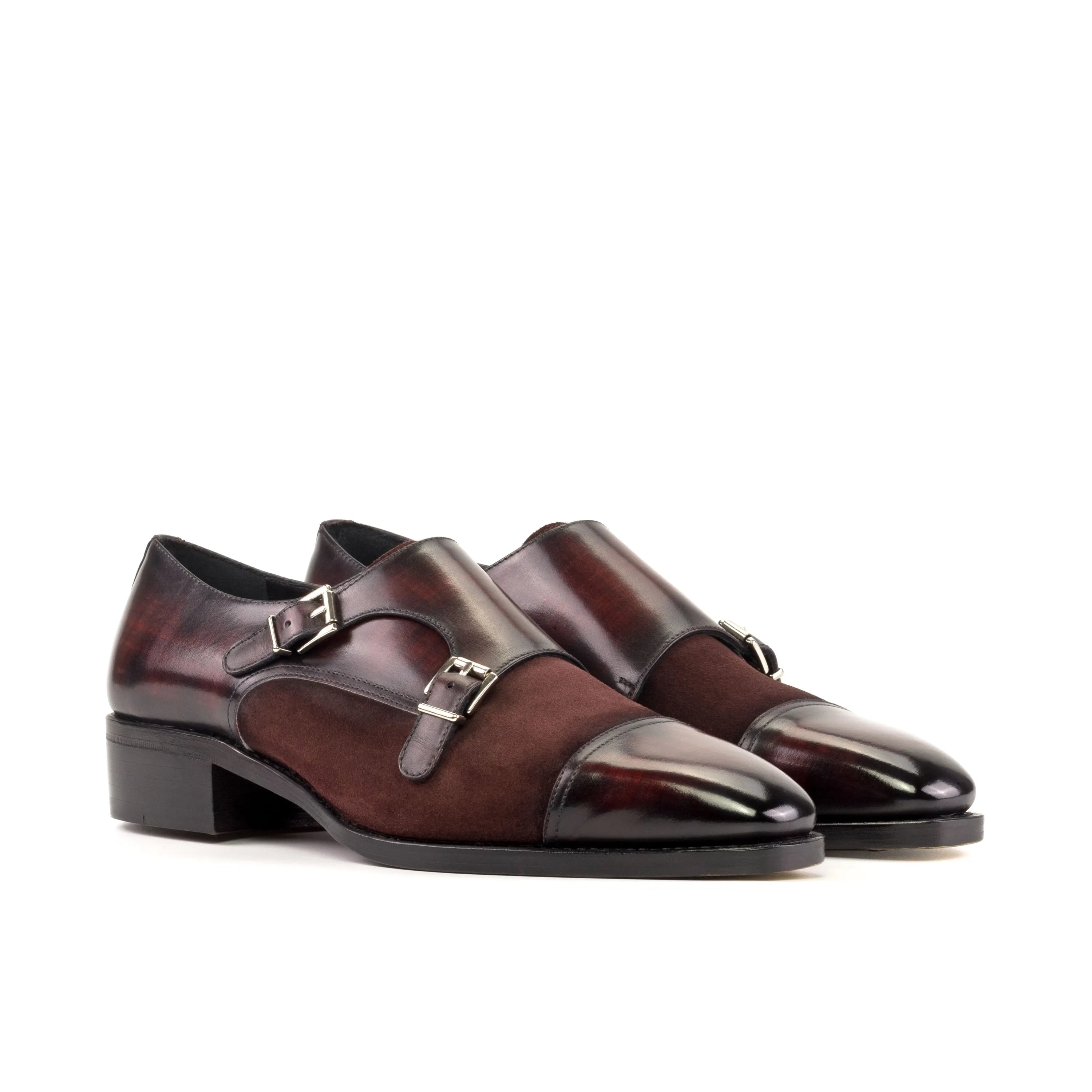 Calvary double monk patina burgundy leather shoes back view