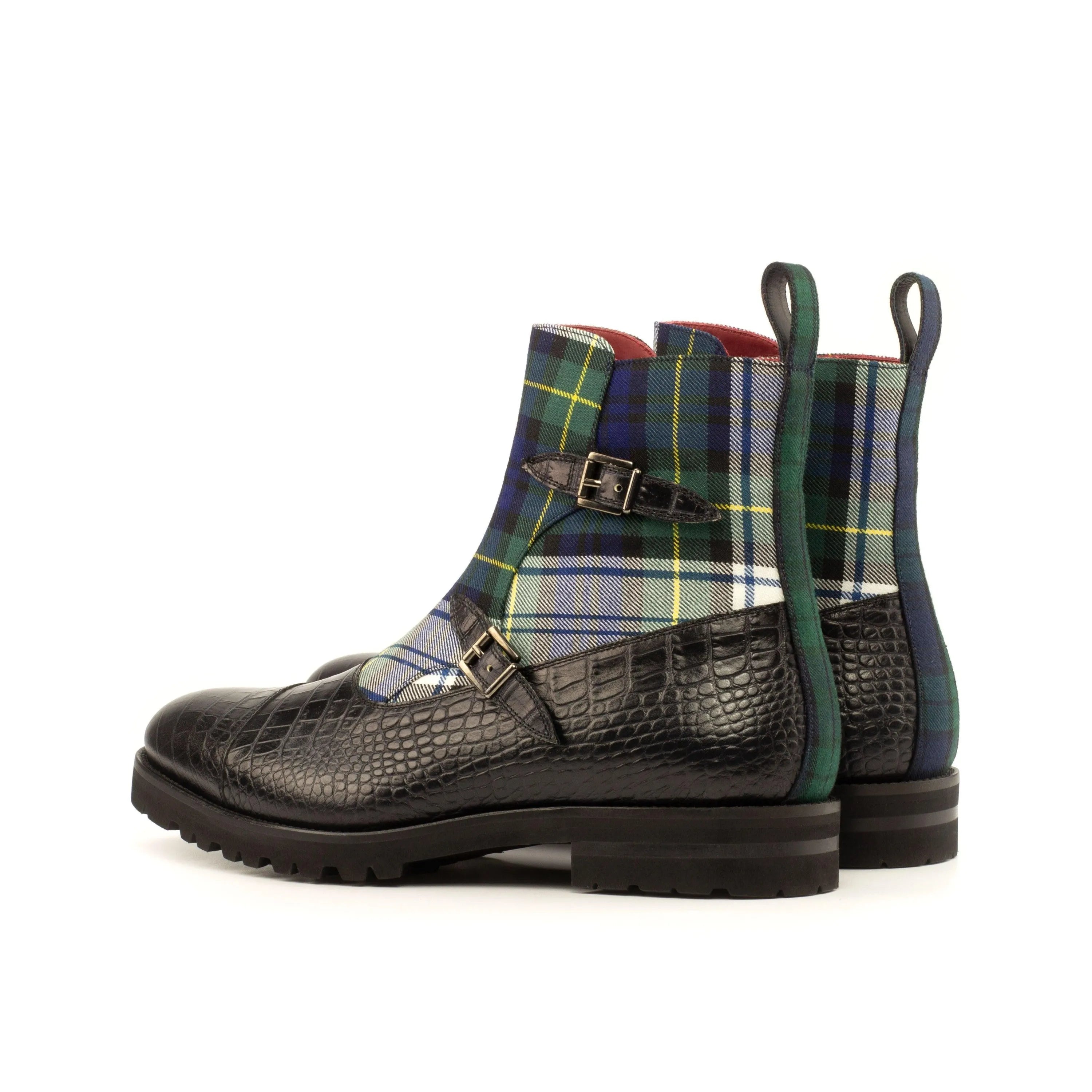 Dakehl Octavian Boots II in tartan and crocodile-textured leather