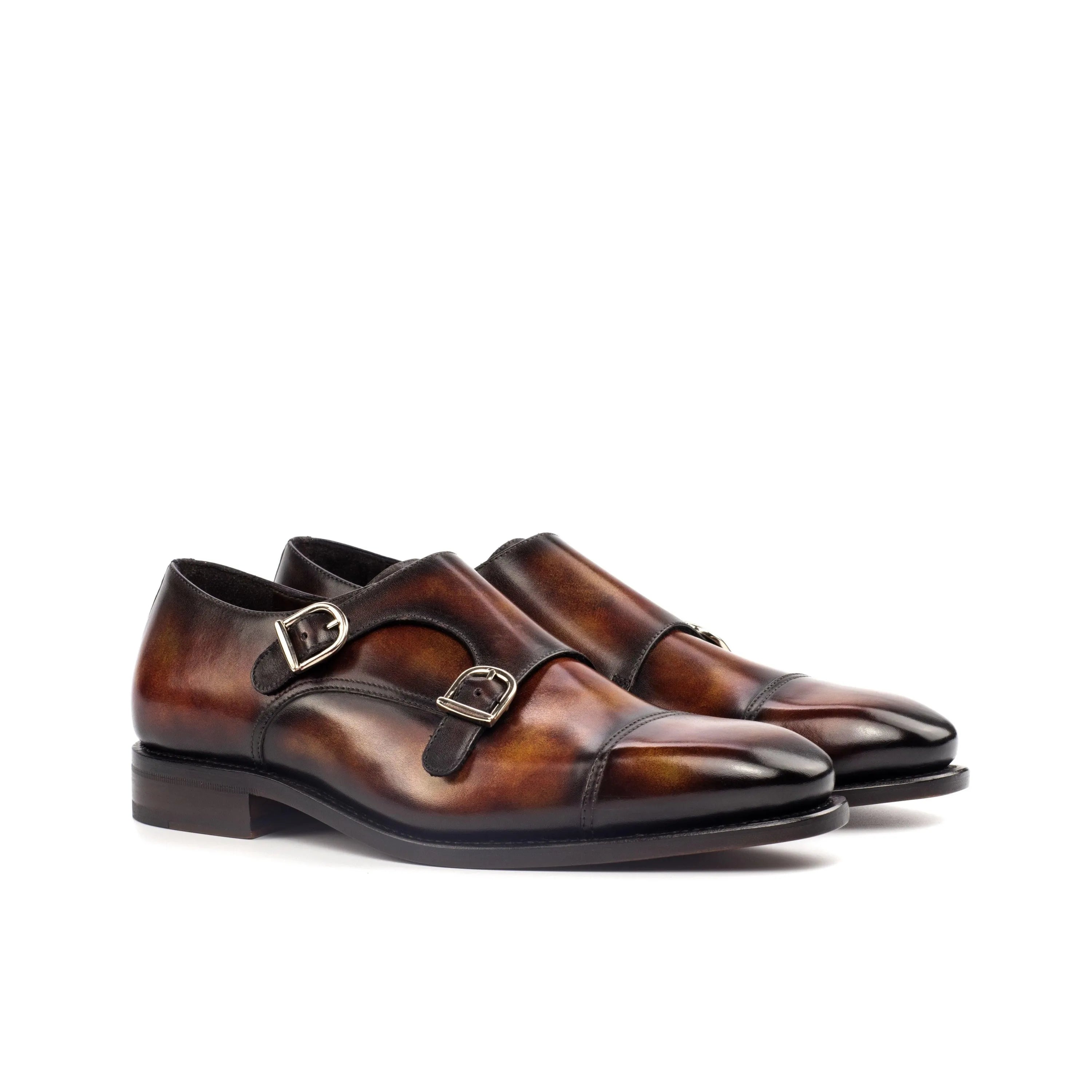 Deen double monk patina shoes in brown leather back view