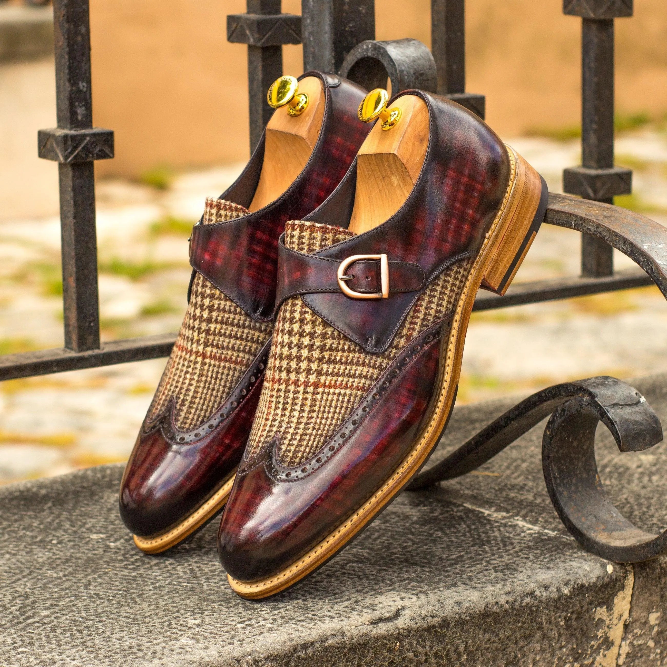 Donny single monk patina II burgundy leather tweed rounded toe shoes