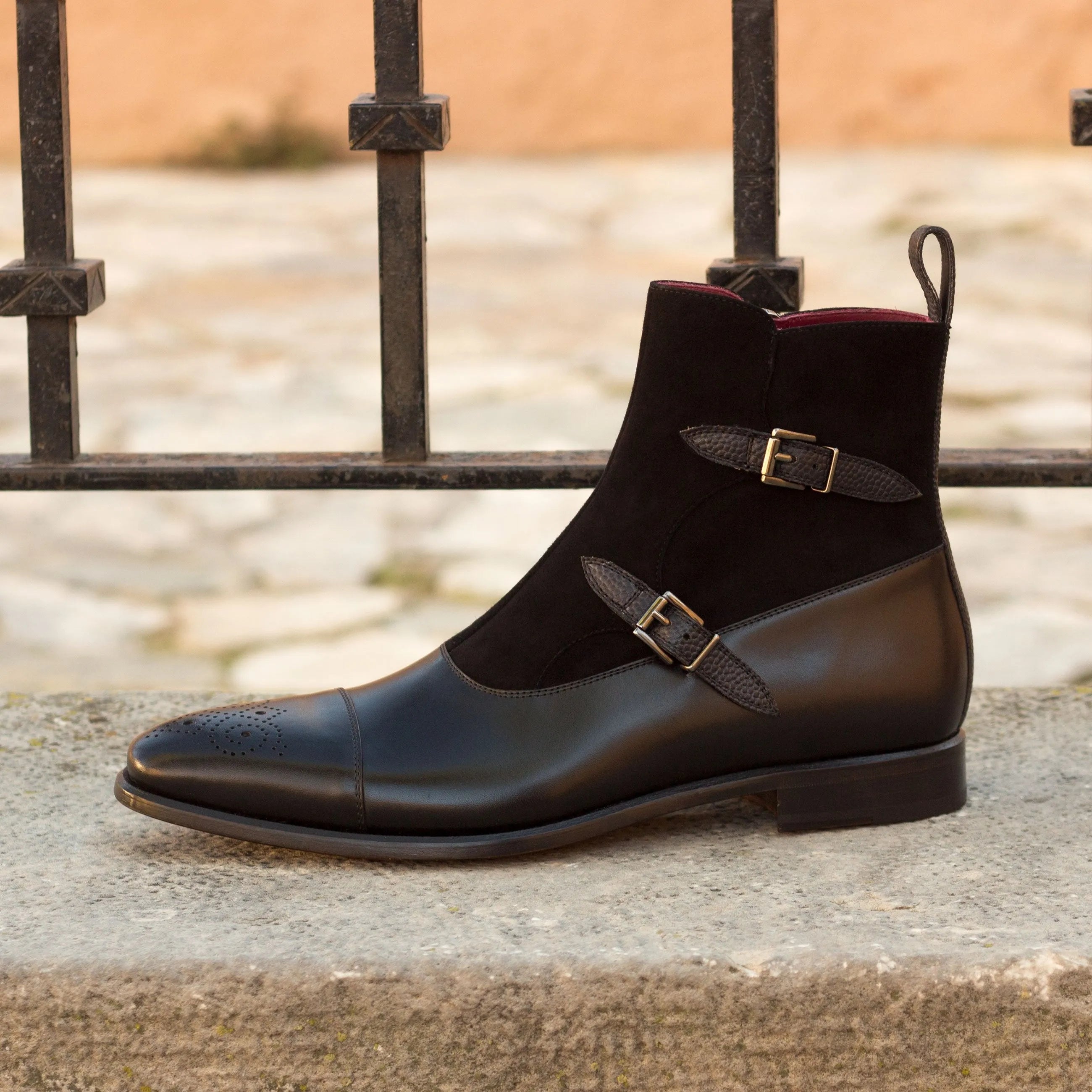 Black leather and suede Drew Octavian boots monk strap detail