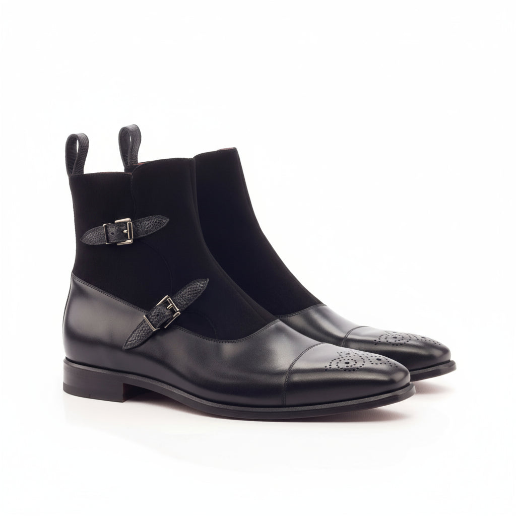 Drew Octavian boots in black leather and suede monk strap design