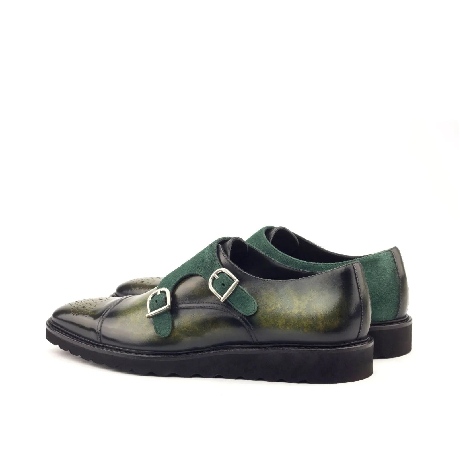 Dunstan Patina double monk green leather shoes back view
