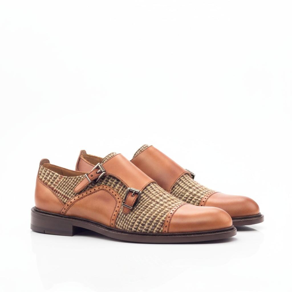 Gina women double monk tan and tweed double monk strap shoes