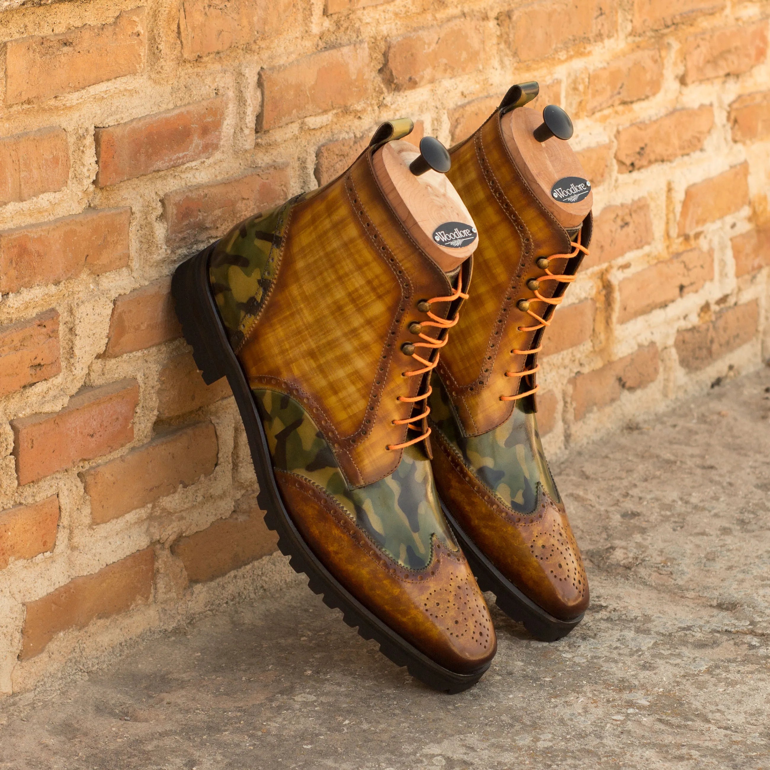 Goodlife Military Brogue Boots II with two-tone leather and orange laces