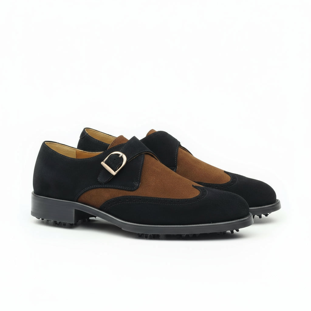 Hagen Single Monk navy lux suede two-toned golf shoes back view