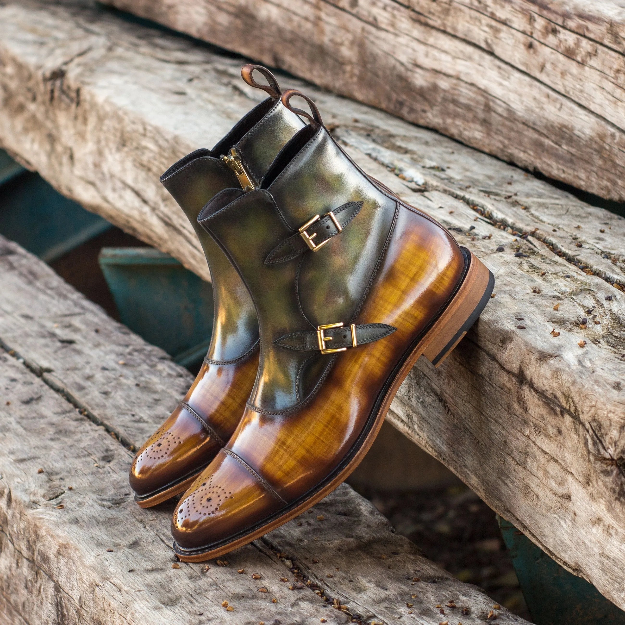 Igasho Octavian Patina leather double monk strap boots