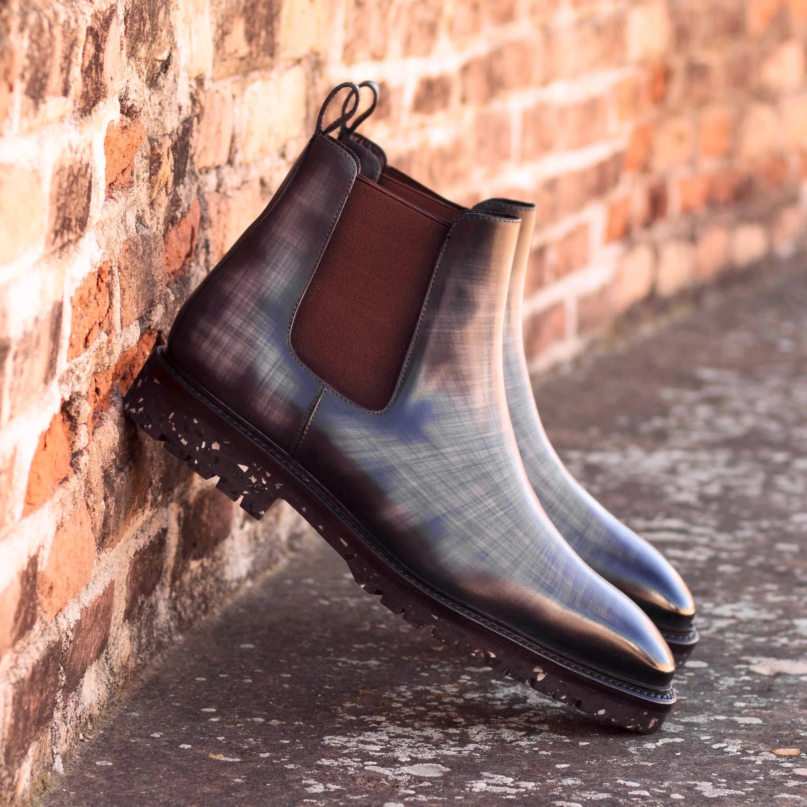 Jorgino patina Chelsea boots rear view in rich leather