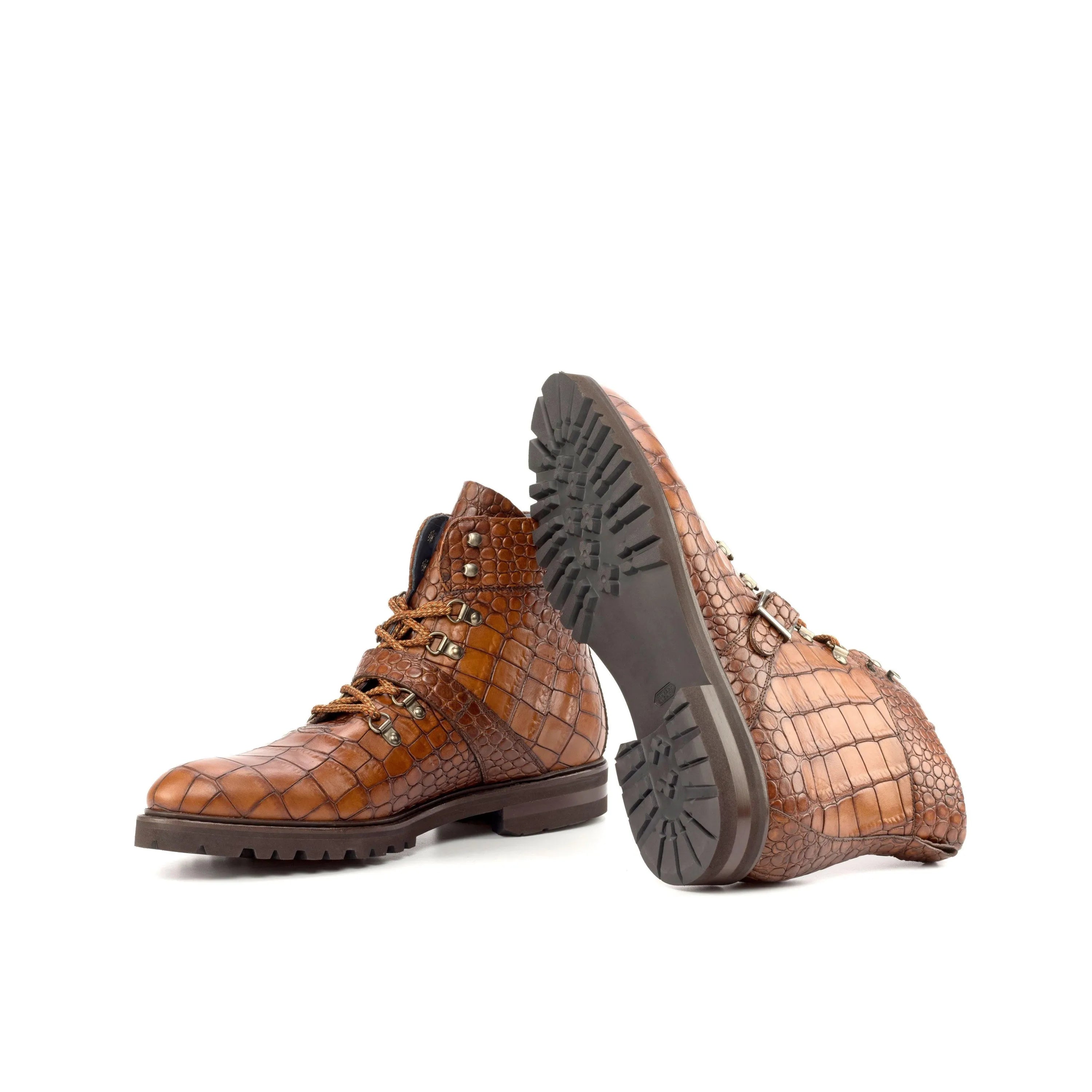 Leland hiking boots in brown crocodile-patterned leather