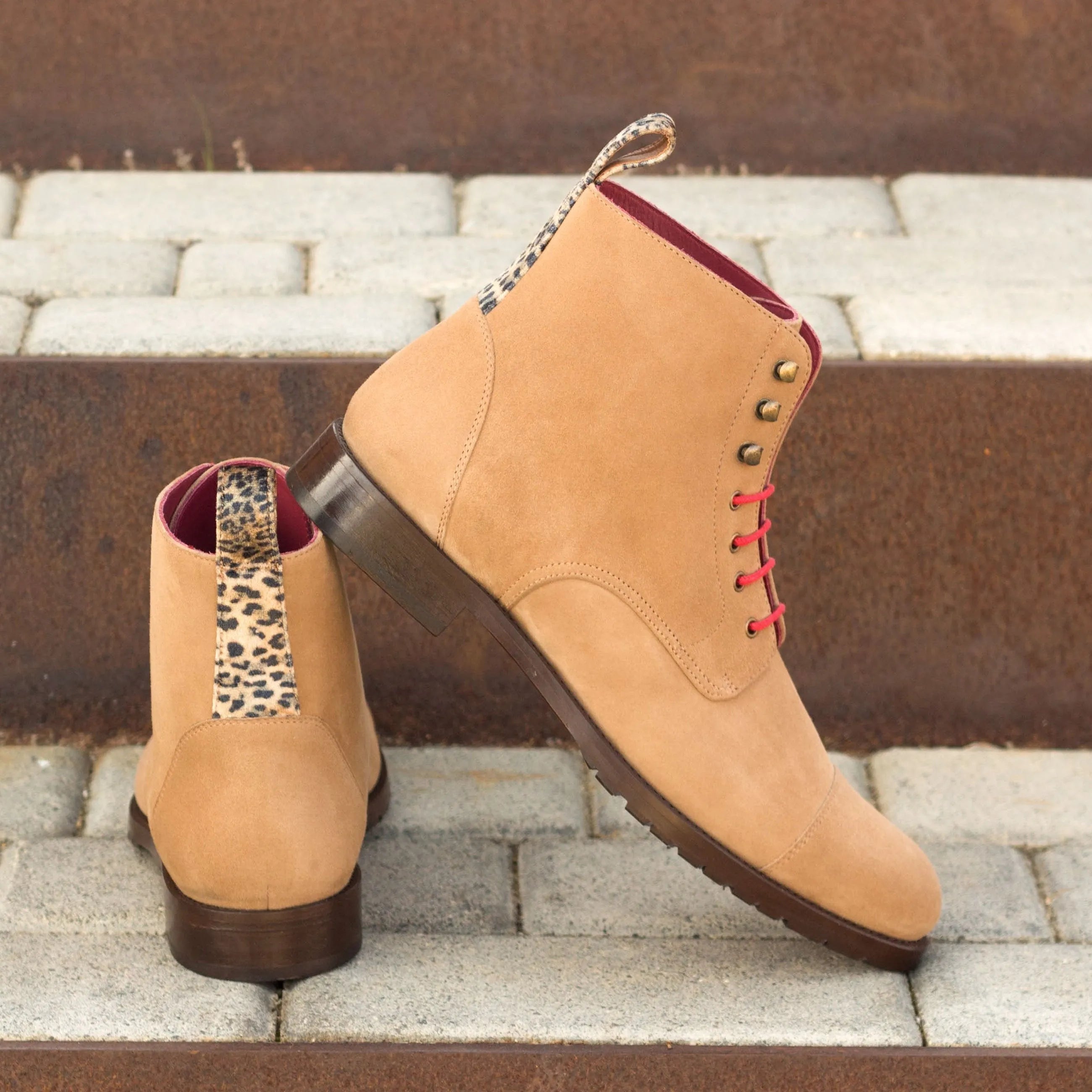 Lorrain ladies captoe boots in tan suede with leopard print accents