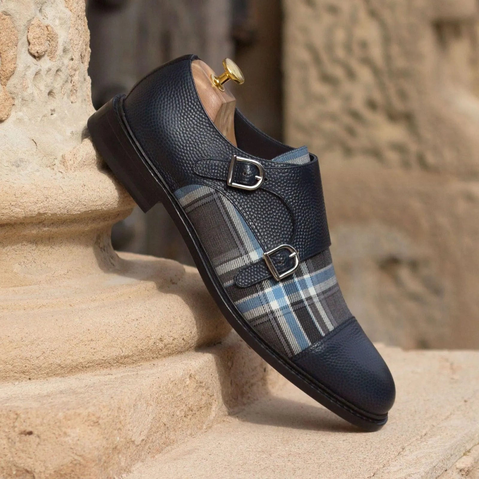 Lorrd double monk blue leather plaid double monk shoes
