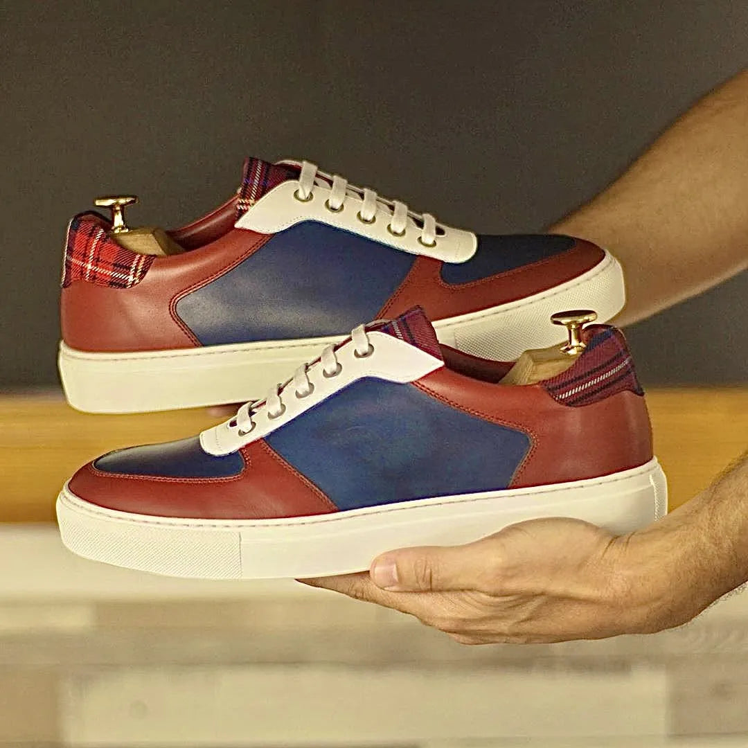 Milo low painted calf trainer sneaker in stylish red, blue, white