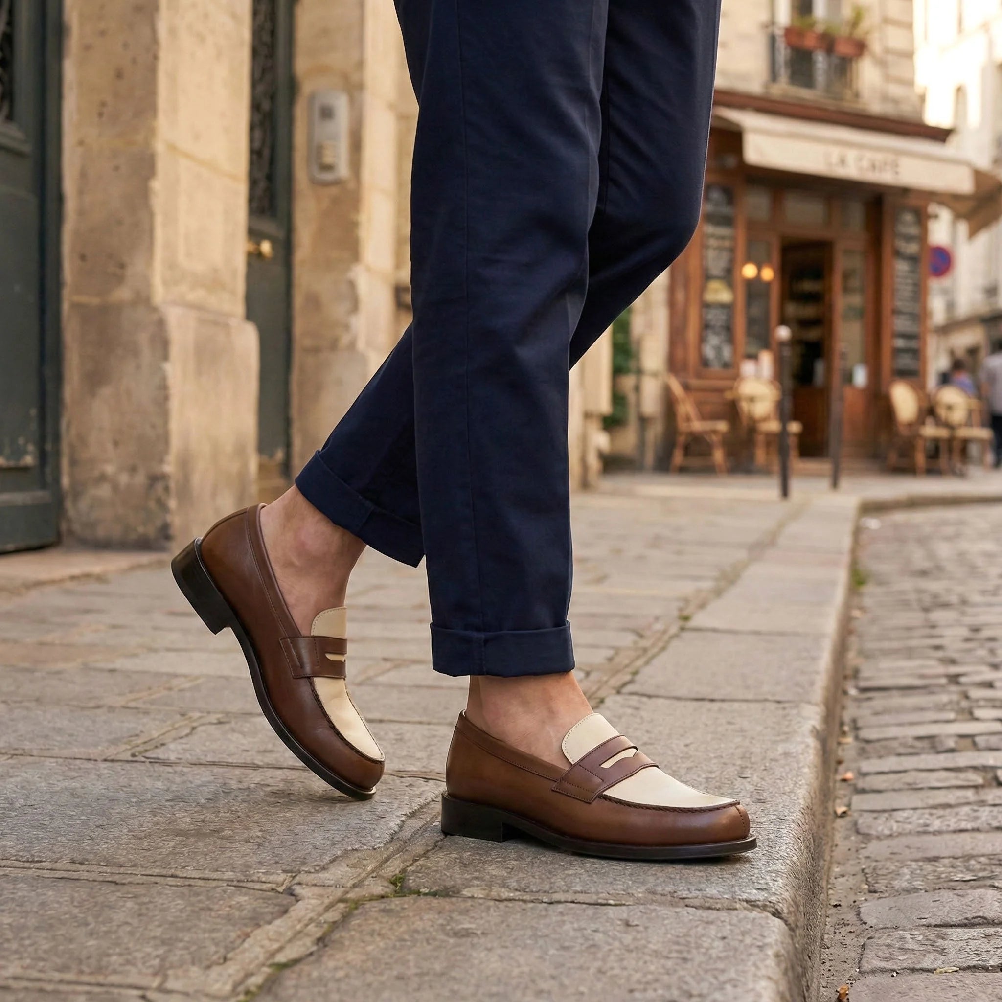 MondayOne penny loafers II: brown cream two-tone leather penny loafers