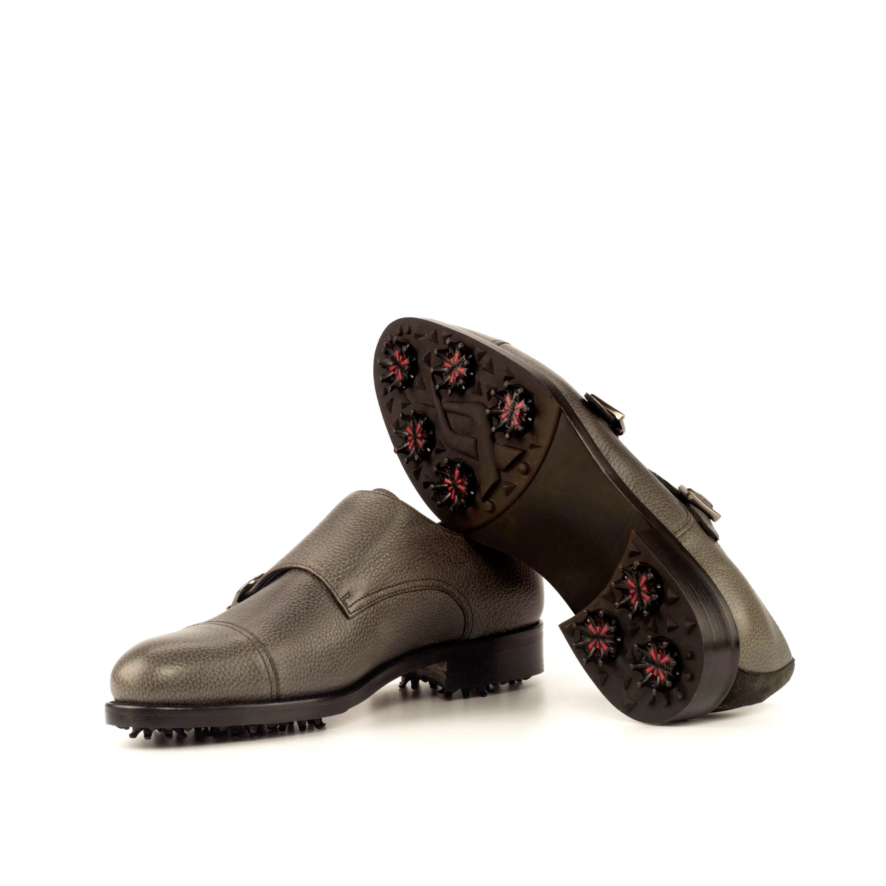 Gray Puck golf shoes oxford style in leather back view