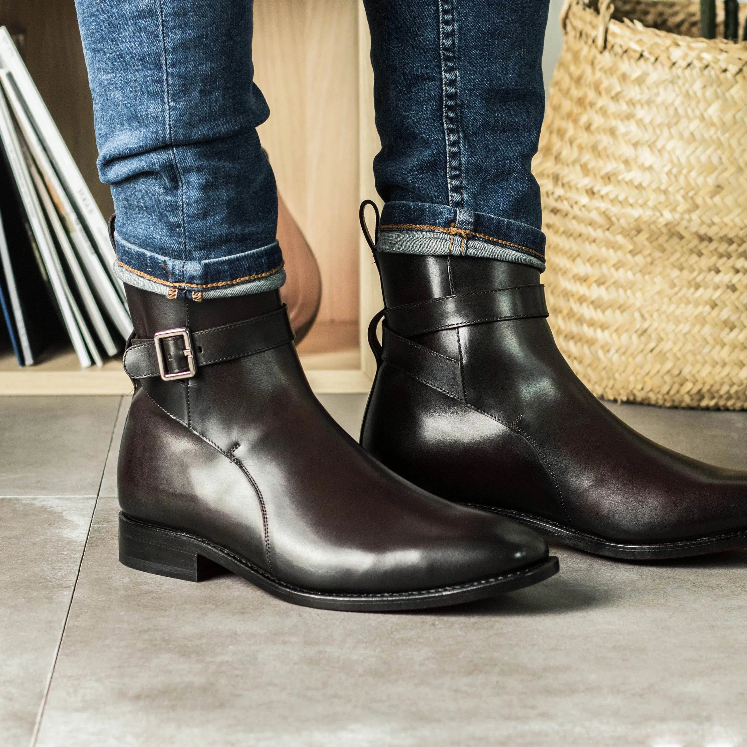 Rain Jodhpur boots with leather ankle design and buckle strap