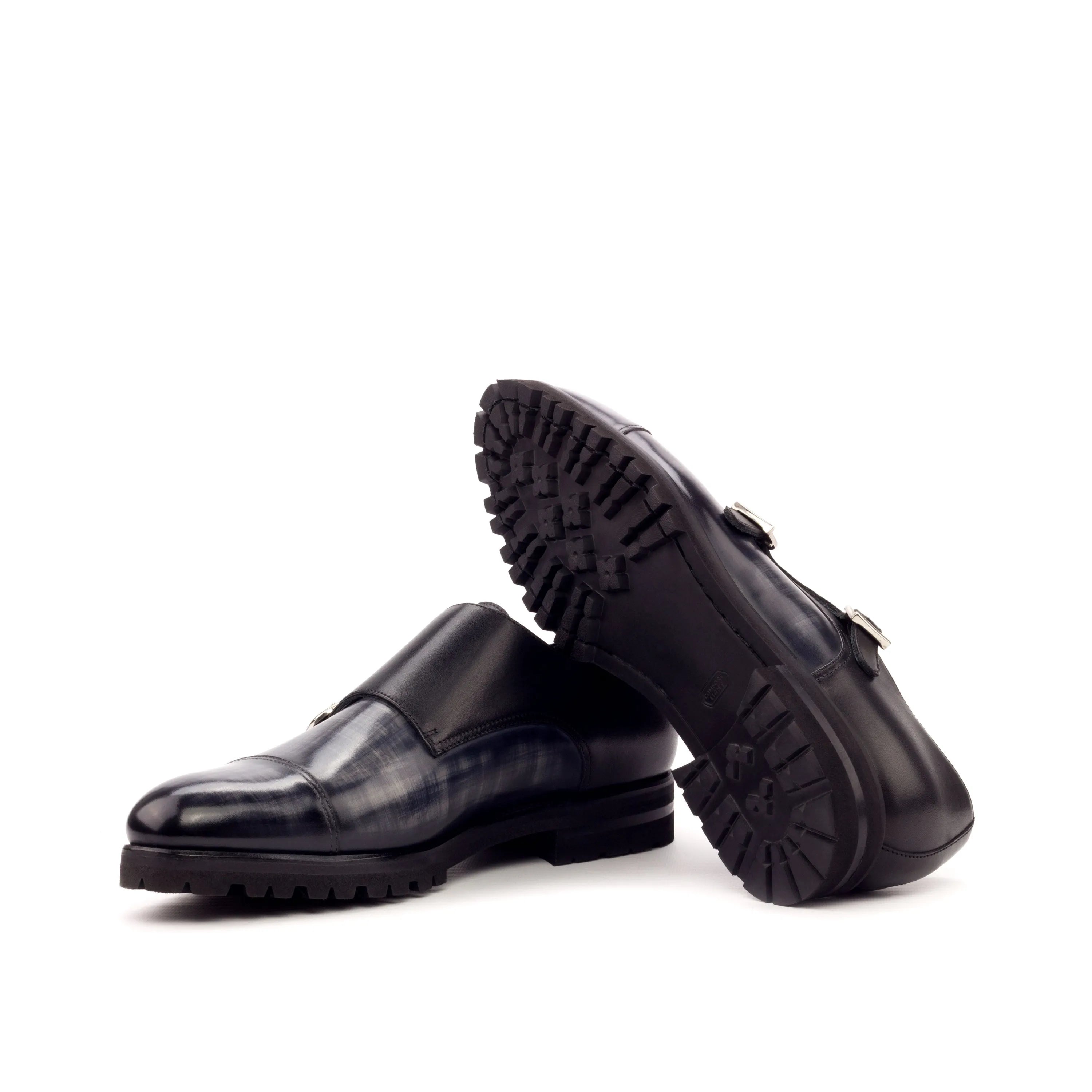 Ramses double monk patina black leather shoes pair
